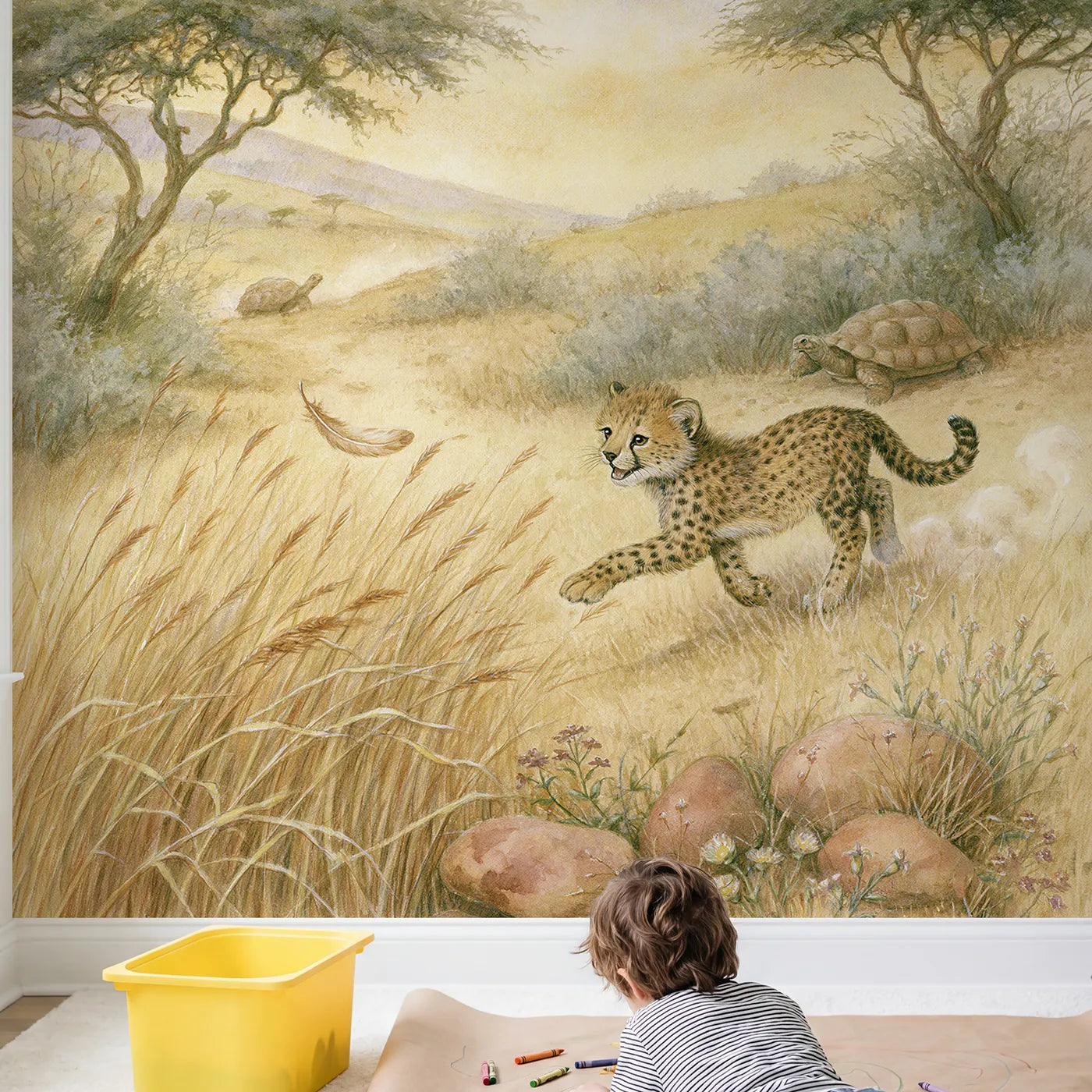 Child in nursery with Cheetah Cub Chase Wallpaper Mural by Whimsy Tots