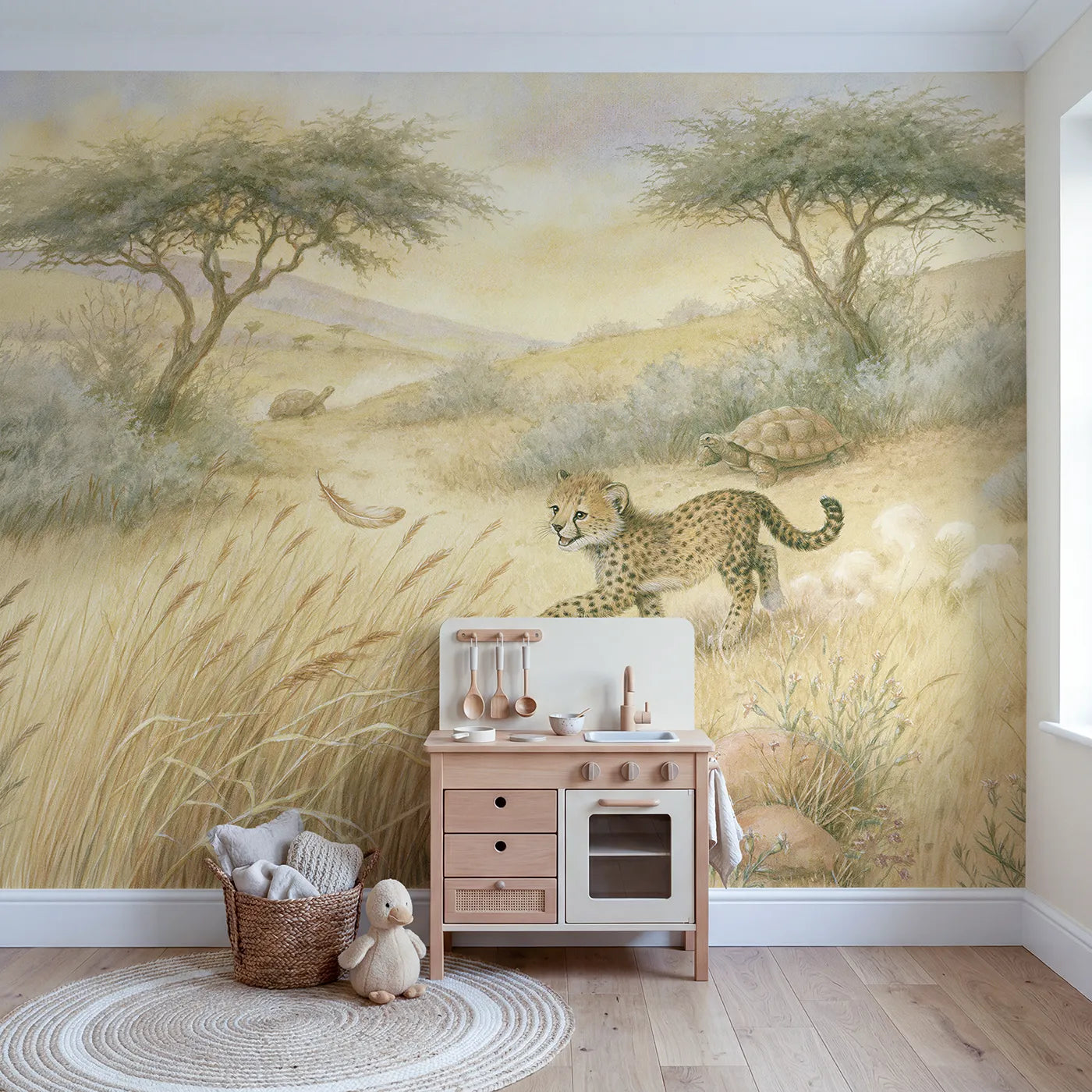 Cheetah Cub Chase Wallpaper Mural in playroom setting by Whimsy Tots