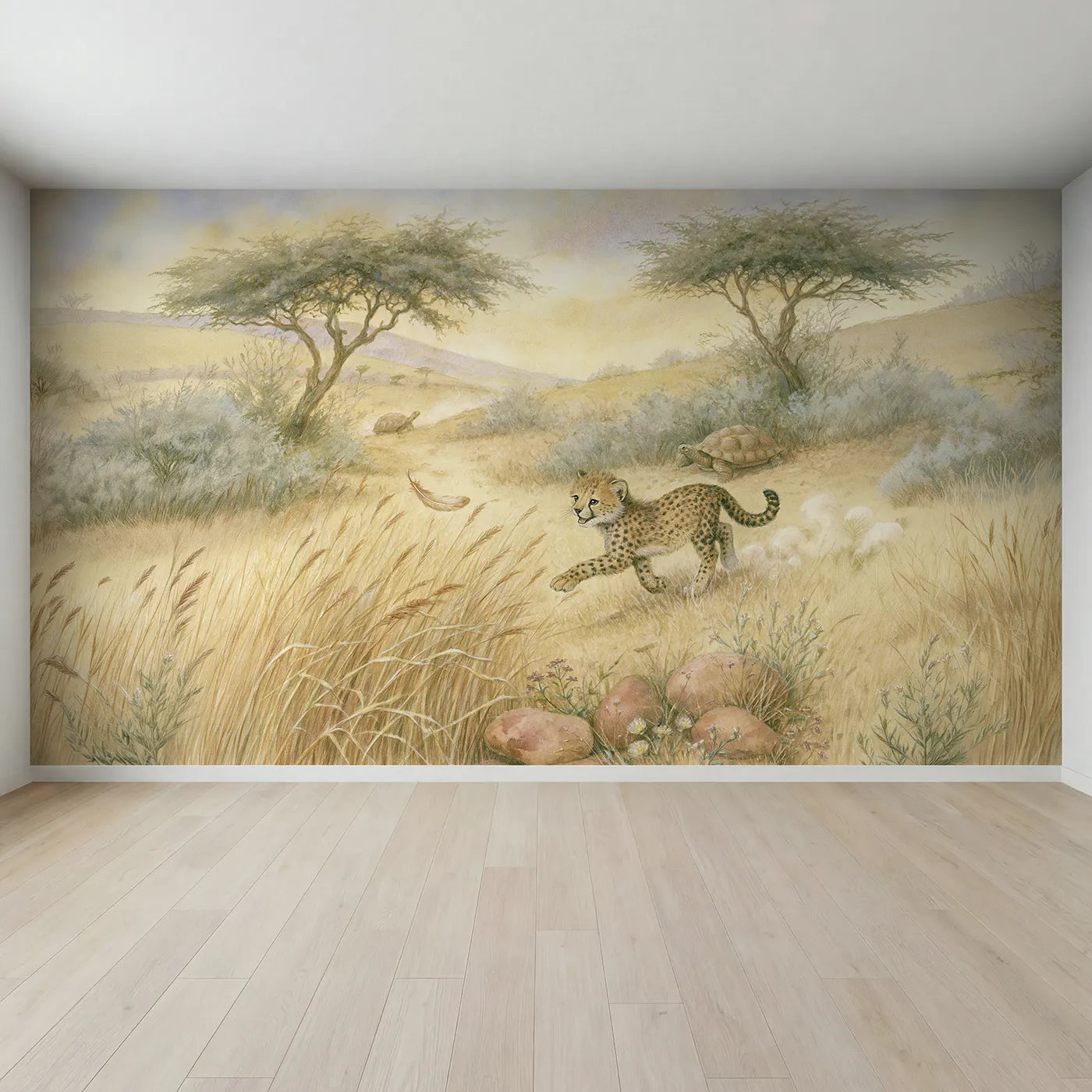 Full view of Cheetah Cub Chase Wallpaper Mural by Whimsy Tots