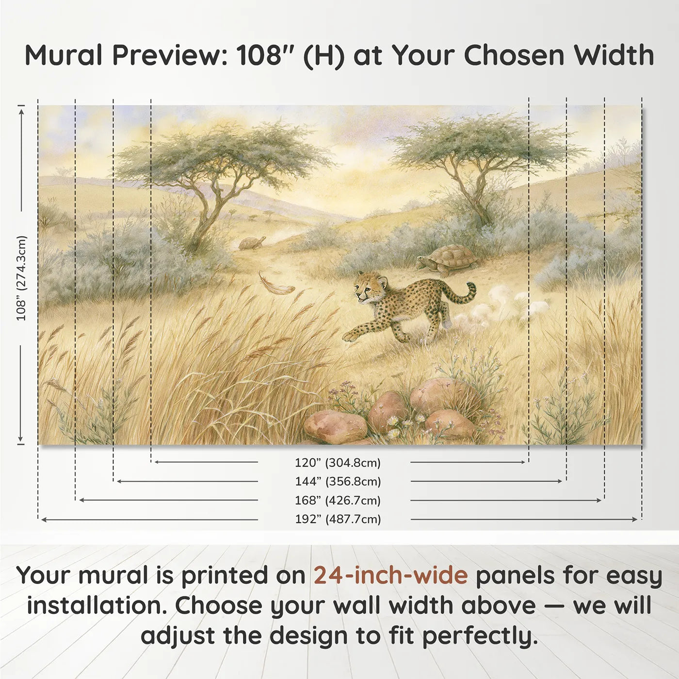 Panel layout and dimensions for Cheetah Cub Chase Wallpaper Mural by Whimsy Tots