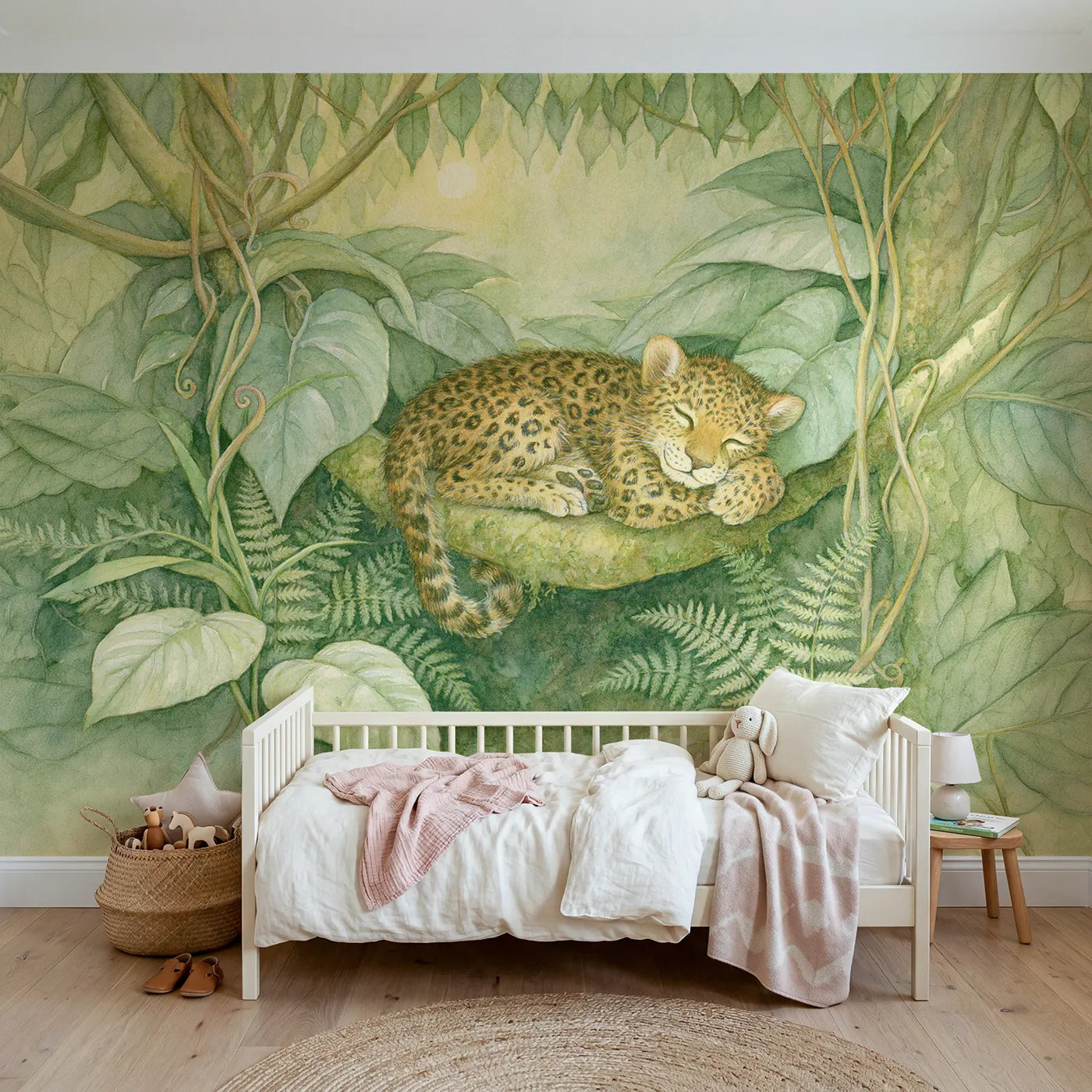 Storybook wall mural of a leopard cub in a tree nook by Whimsy Tots