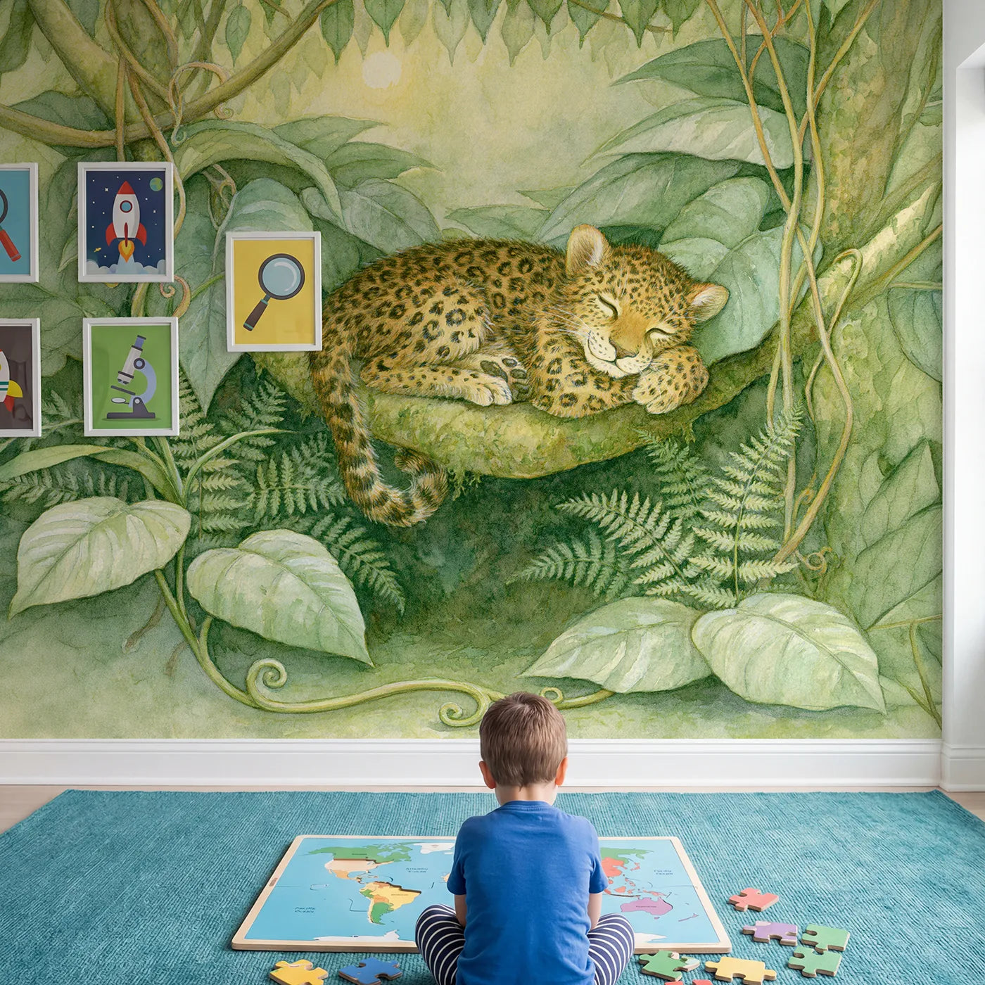 Child in nursery with Leopard Cub Nook Wallpaper Mural by Whimsy Tots