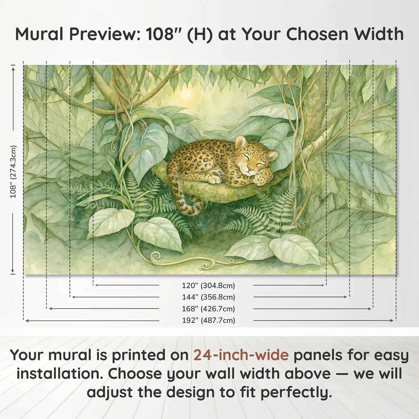 Panel layout and dimensions for Leopard Cub Nook Wallpaper Mural by Whimsy Tots