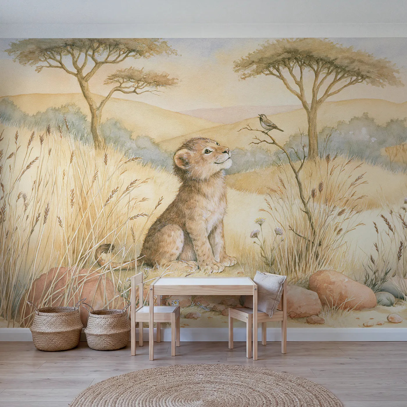 Storybook wall mural of a lion cub listening to a bird by Whimsy Tots