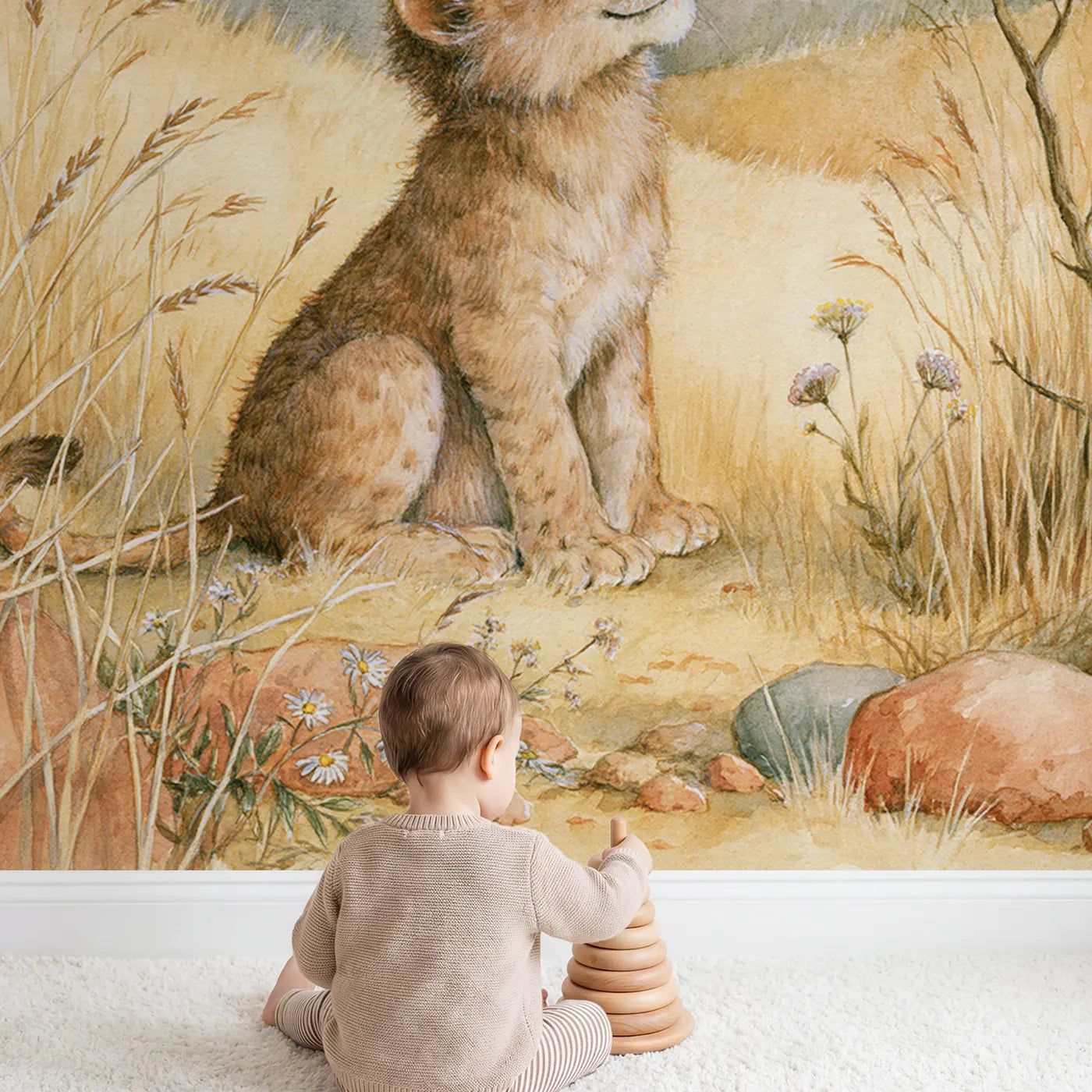 Child in nursery with Lion Cub Birdsong Wallpaper Mural by Whimsy Tots