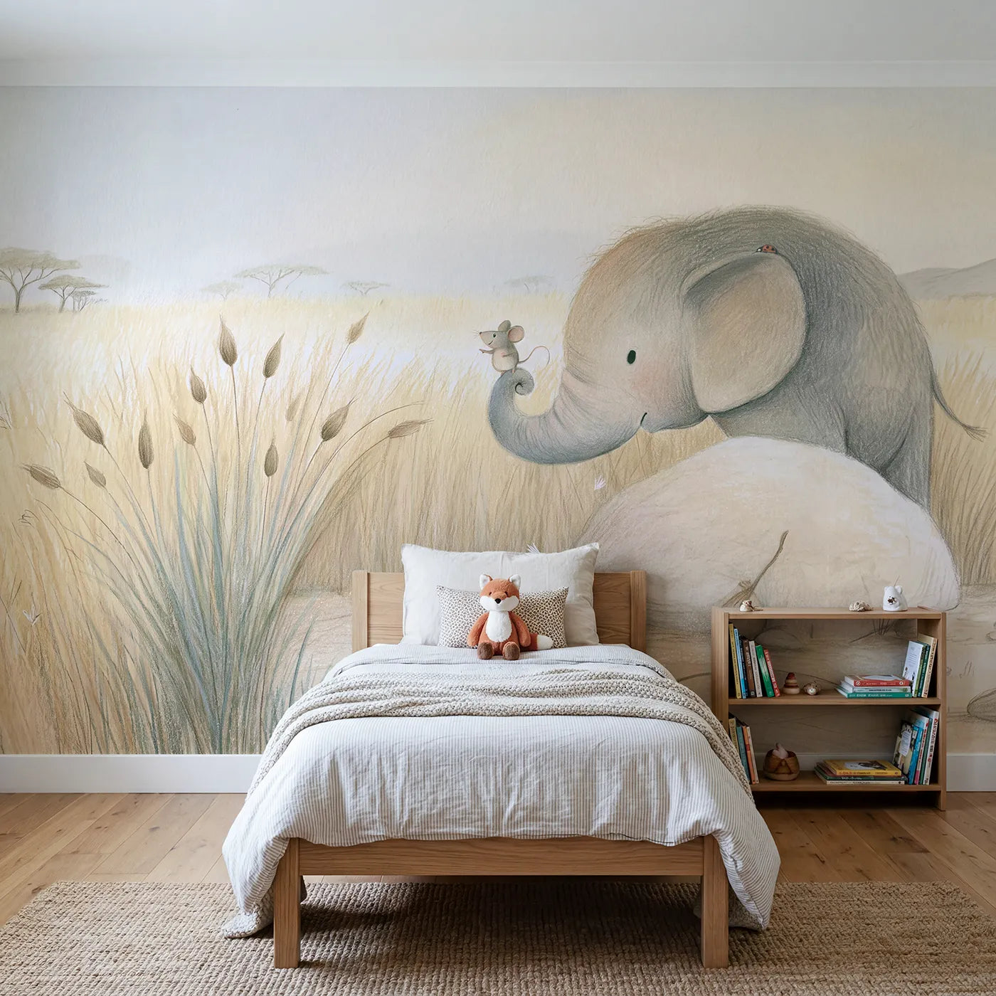 Colored Pencil elephant lifting a mouse on its trunk, wall mural for a kids room by Whimsy Tots
