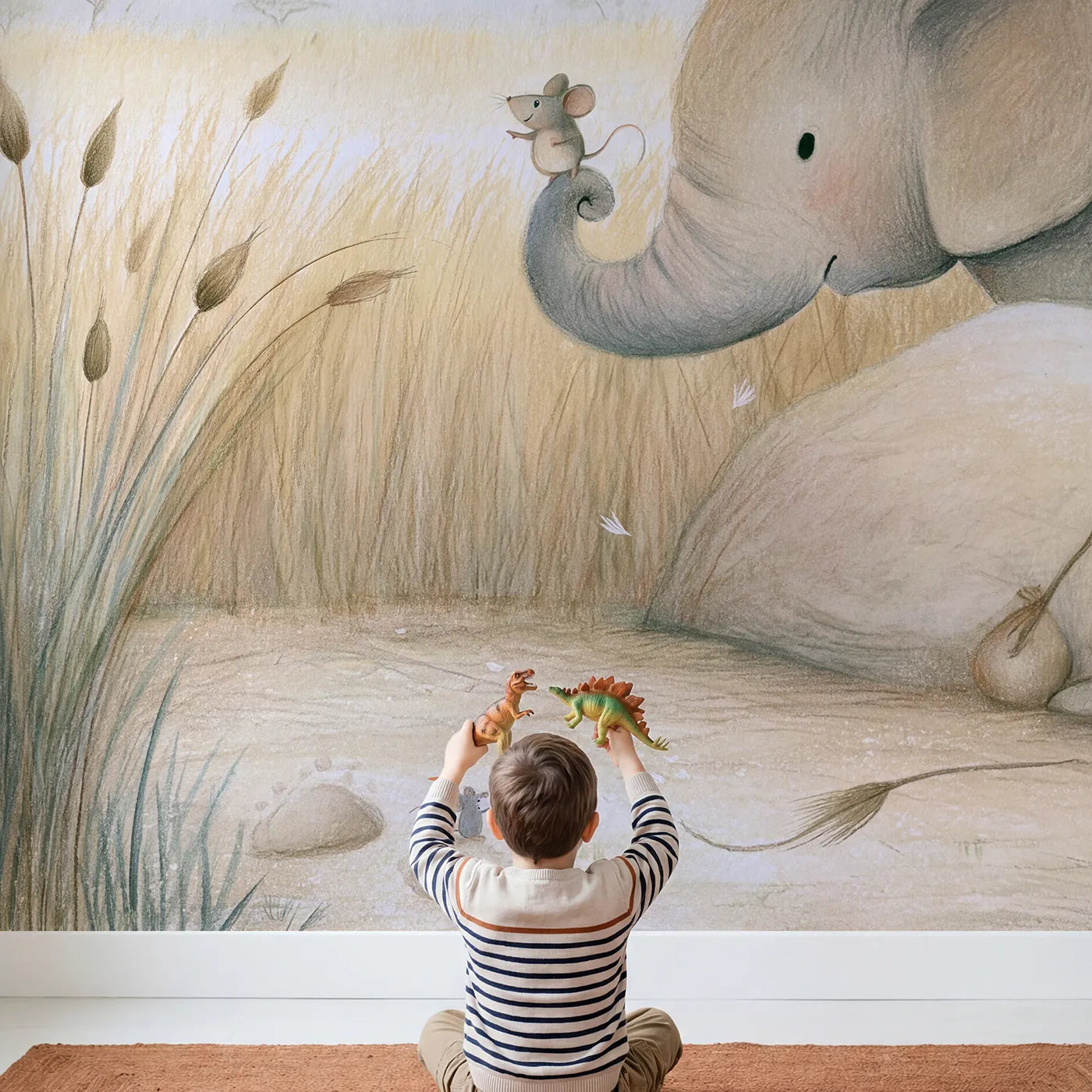 Child in nursery with Elephant and the Little Mouse Wallpaper Mural by Whimsy Tots