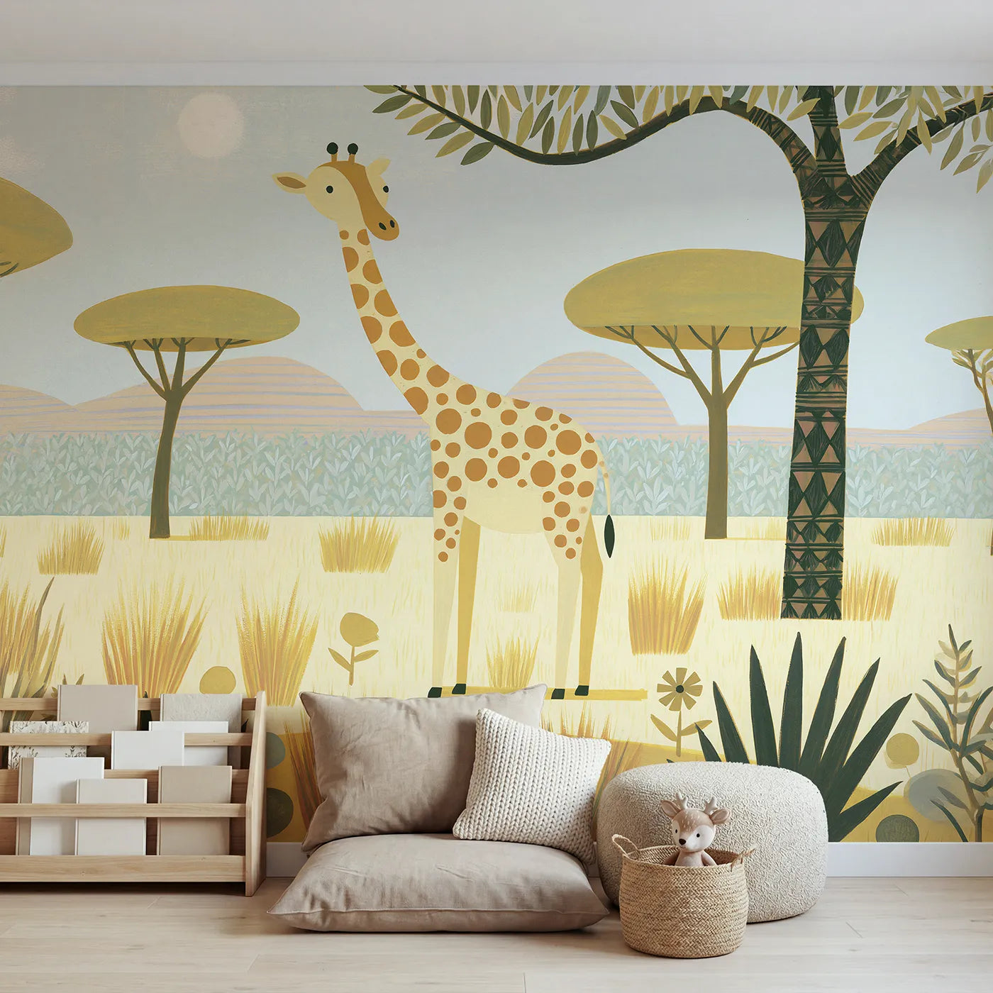 Gouache wall mural of a folk giraffe among trees by Whimsy Tots