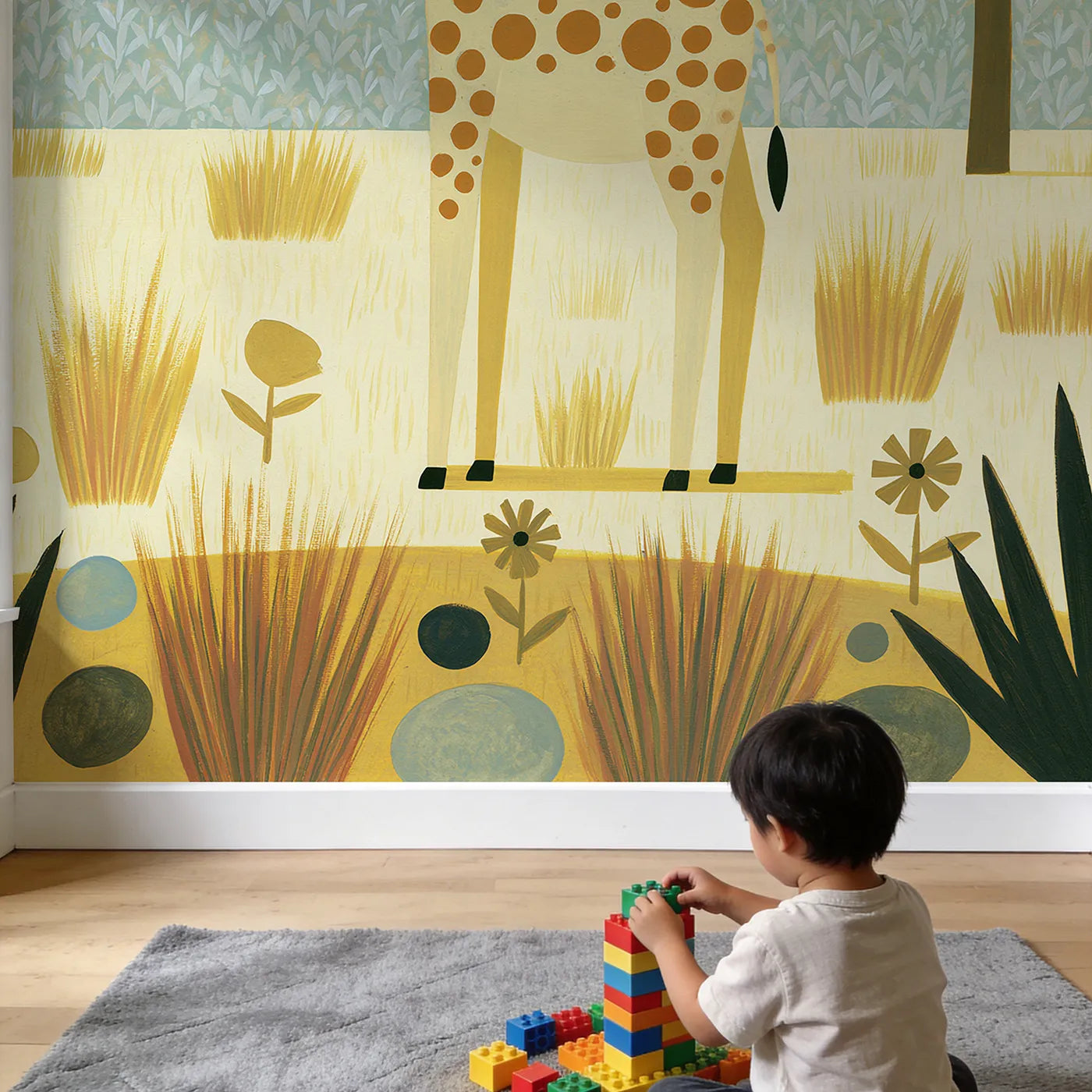 Child in nursery with Folk Giraffe Trees Wallpaper Mural by Whimsy Tots
