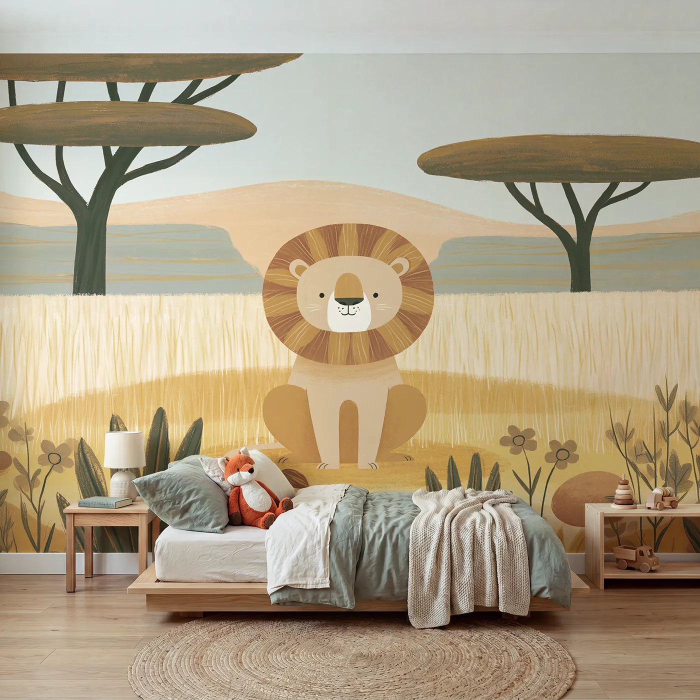Gouache wall mural of a folk lion with a bold mane by Whimsy Tots