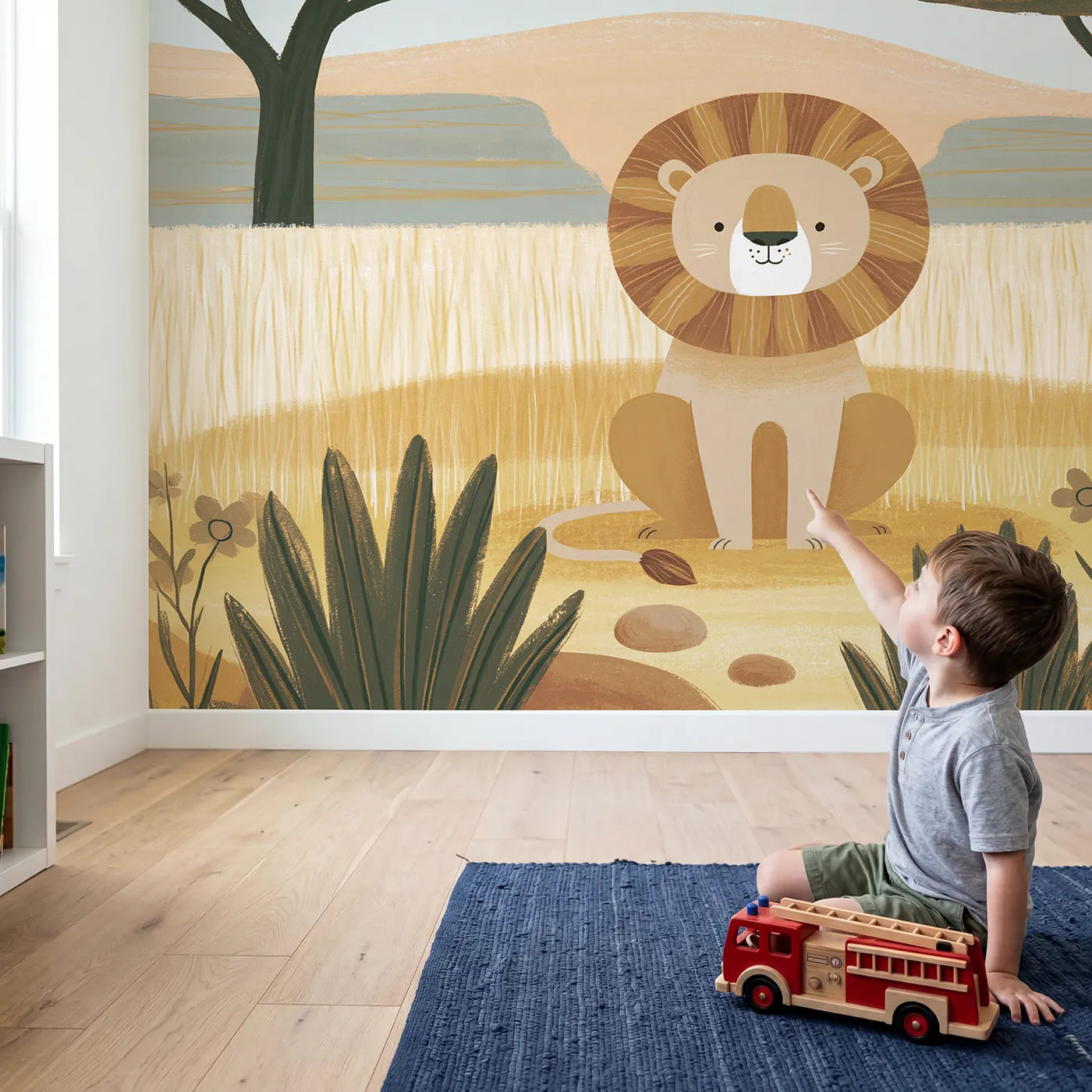 Child in nursery with Folk Lion Mane Wallpaper Mural by Whimsy Tots