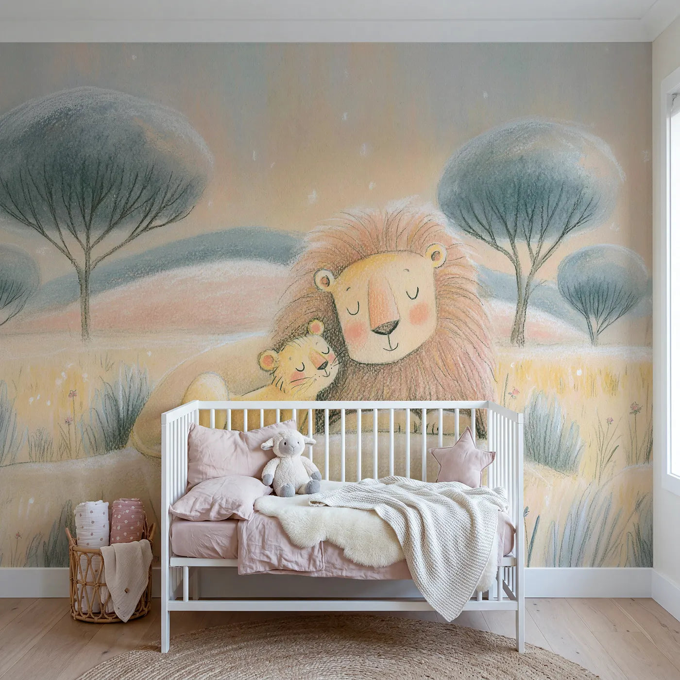 Colored pencil wall mural of a soft lion cub portrait by Whimsy Tots