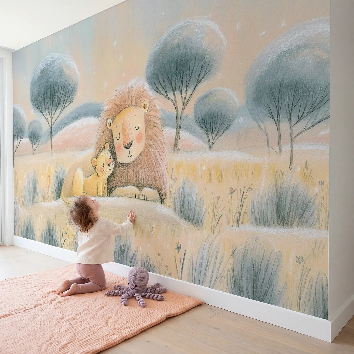 Child in nursery with Lion Cub Cuddle Wallpaper Mural by Whimsy Tots