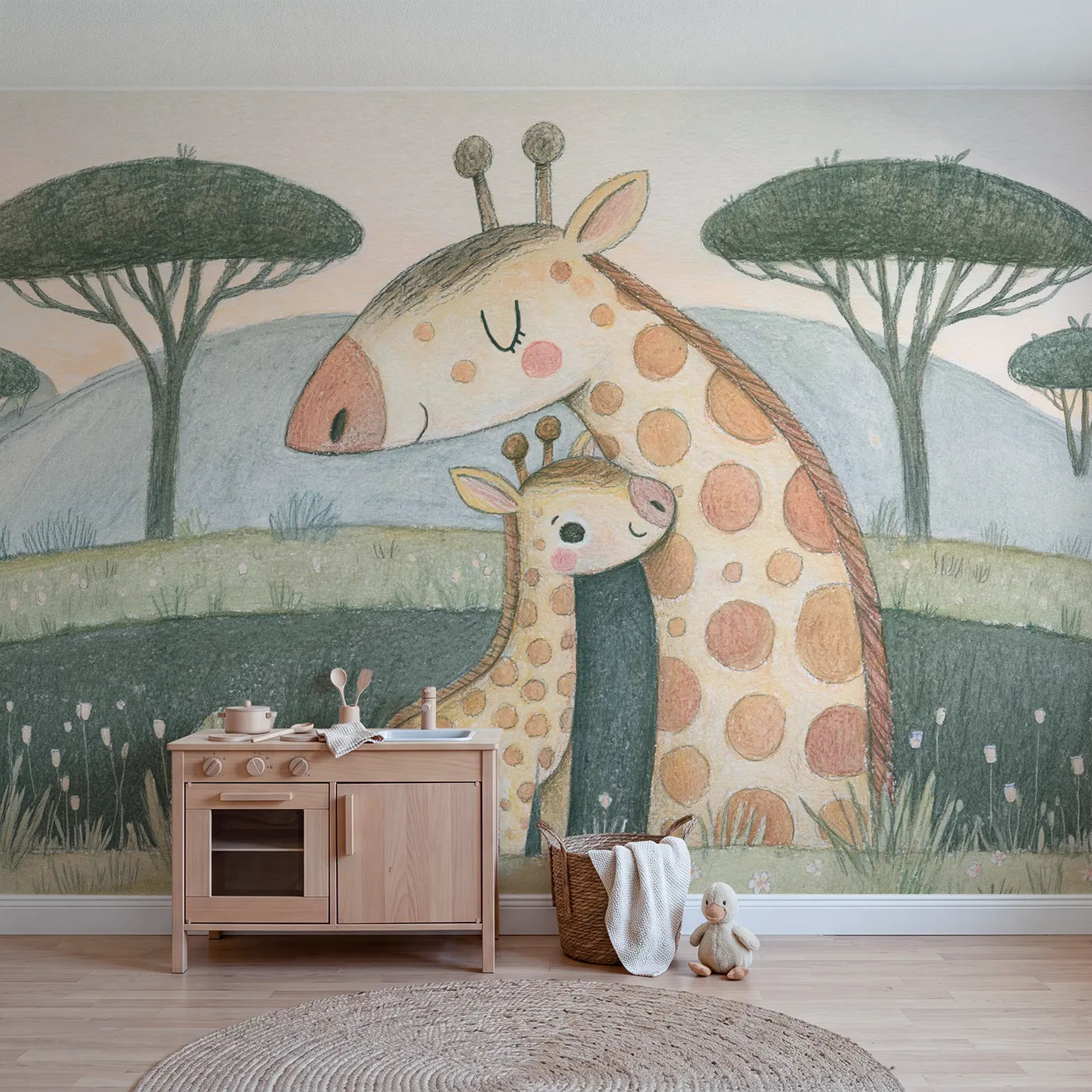 Colored pencil wall mural of a tender giraffe calf by Whimsy Tots
