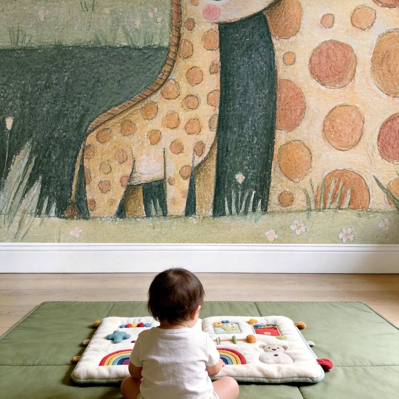 Child in nursery with Giraffe Calf Hug Wallpaper Mural by Whimsy Tots