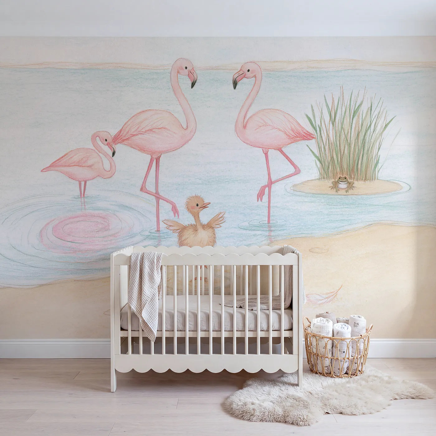 Colored Pencil flamingos and ostrich chick balancing, wallpaper mural for a playroom by Whimsy Tots