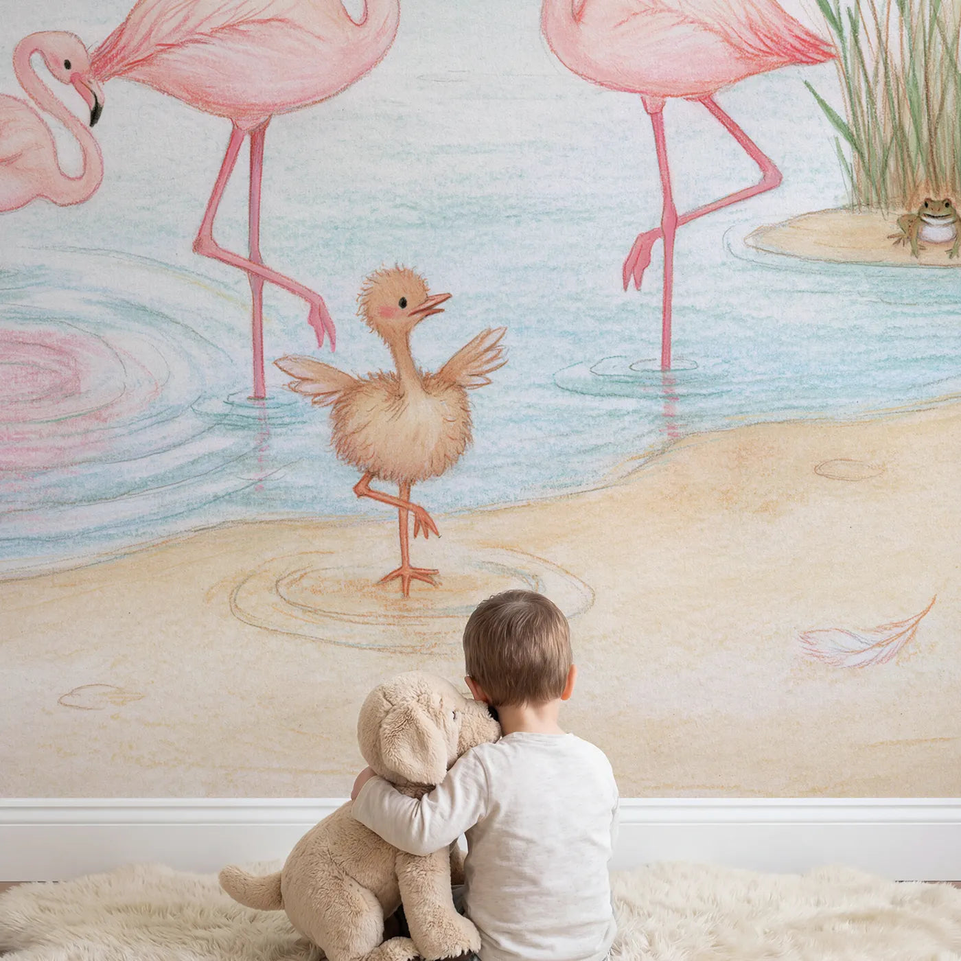 Child in nursery with Flamingo One-Leg Game Wallpaper Mural by Whimsy Tots