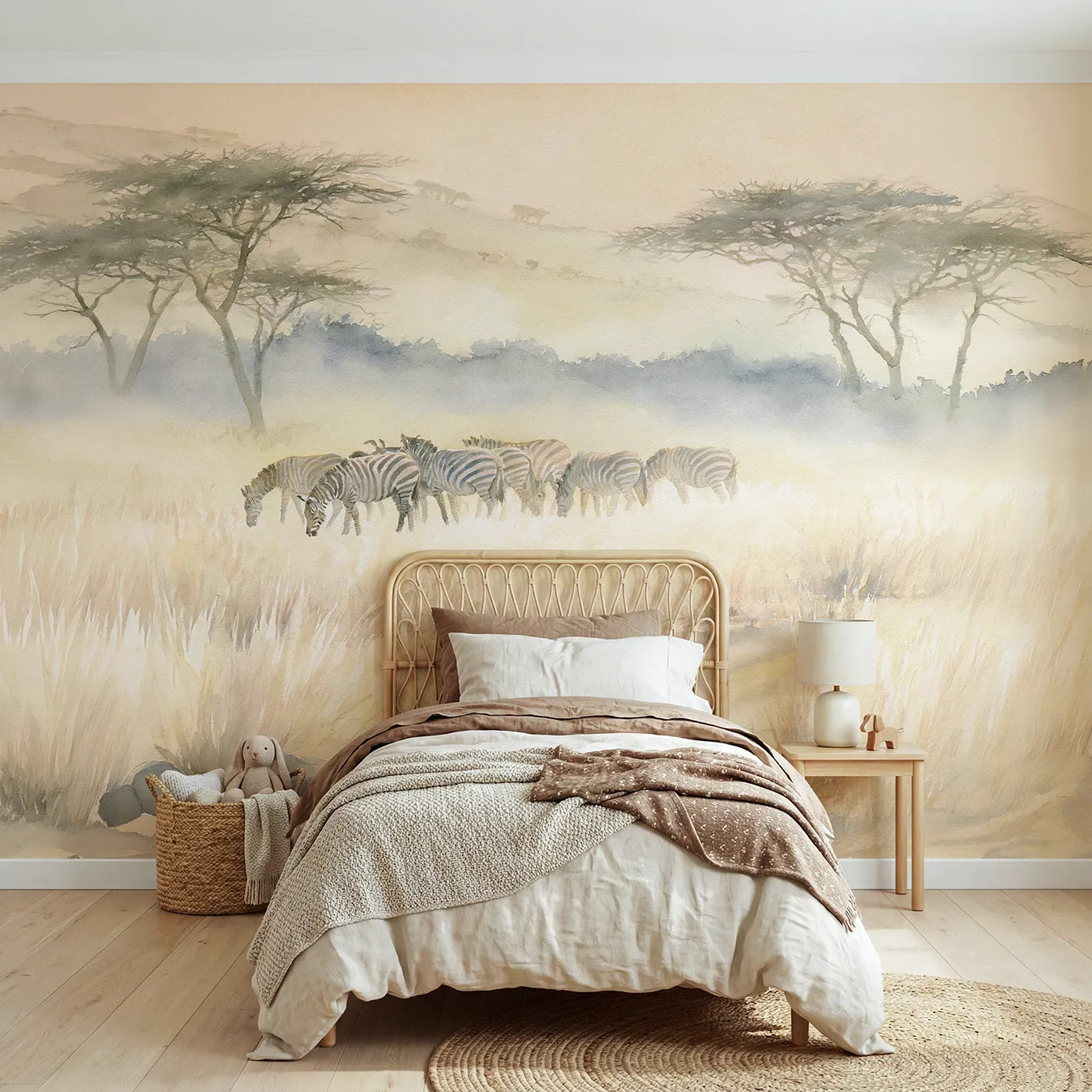 Watercolor wall mural of a zebra herd grazing in haze by Whimsy Tots