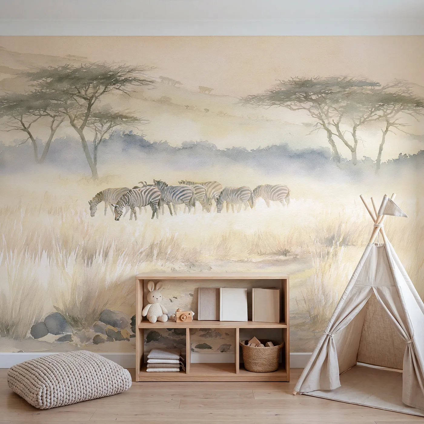 Zebra Herd Grazing Wallpaper Mural in playroom setting by Whimsy Tots