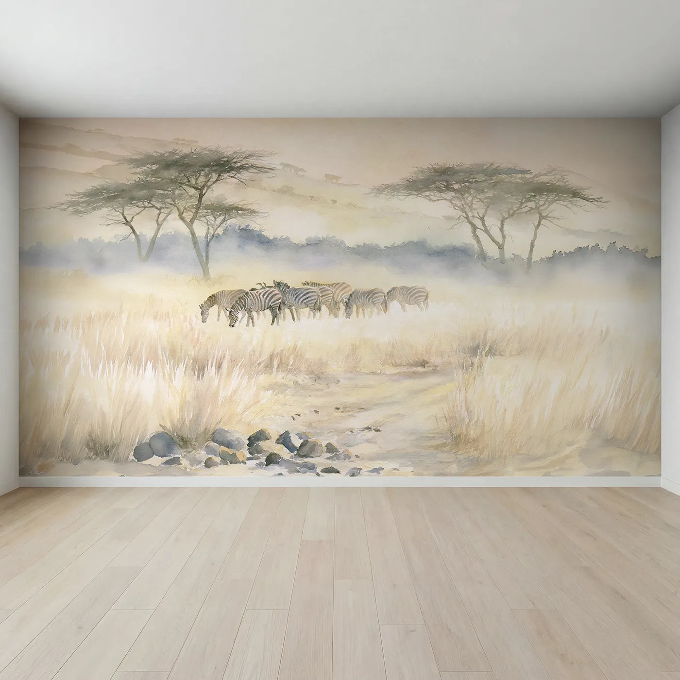 Full view of Zebra Herd Grazing Wallpaper Mural by Whimsy Tots