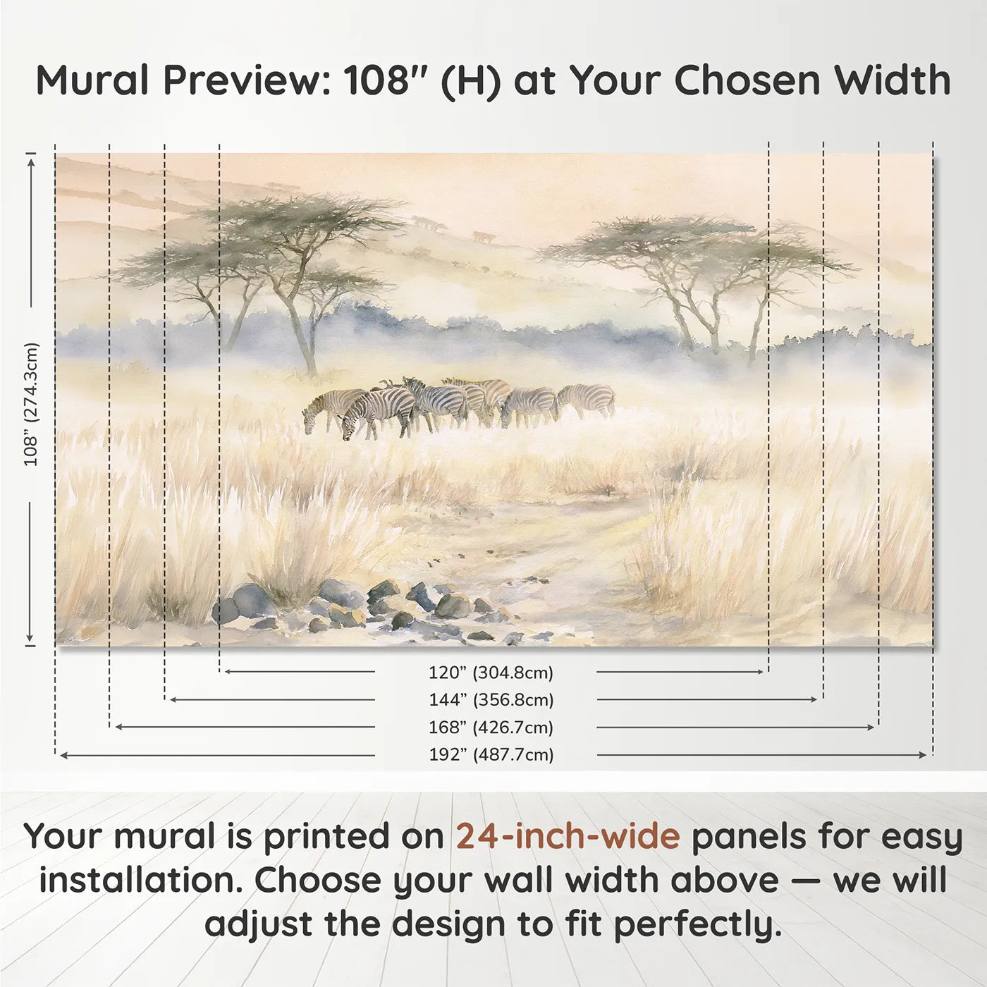 Panel layout and dimensions for Zebra Herd Grazing Wallpaper Mural by Whimsy Tots