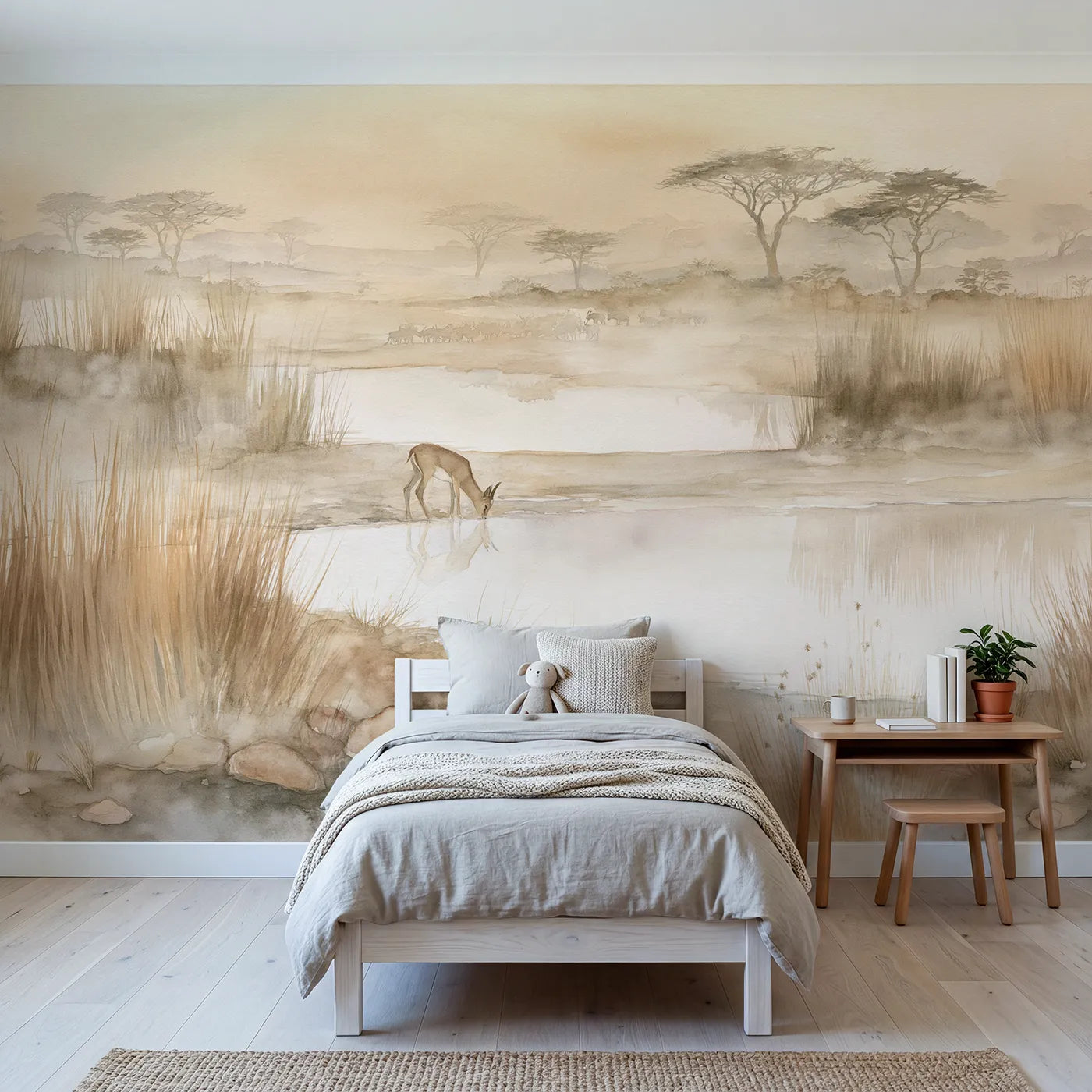 Watercolor wall mural of a misty dawn watering hole by Whimsy Tots