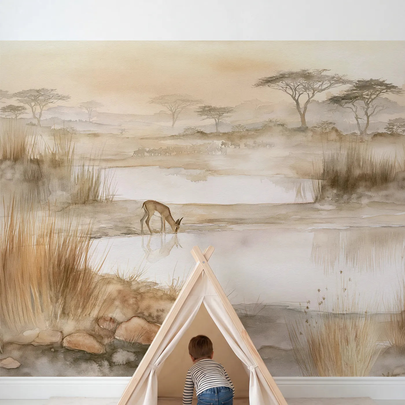 Child in nursery with Misty Watering Hole Wallpaper Mural by Whimsy Tots