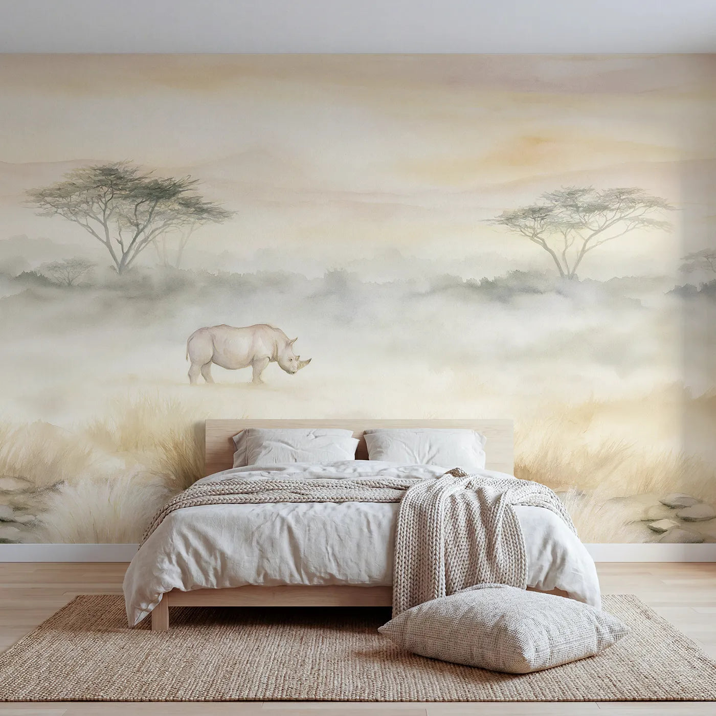 Watercolor wall mural of a rhino in morning mist by Whimsy Tots