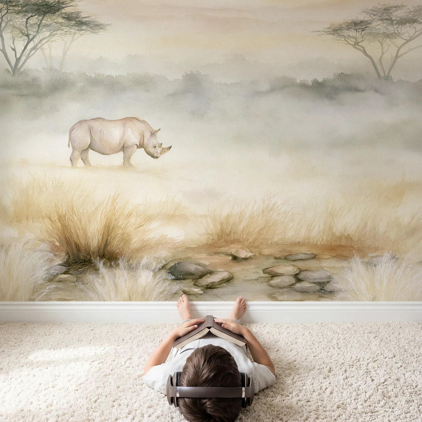 Child in nursery with Rhino Morning Mist Wallpaper Mural by Whimsy Tots
