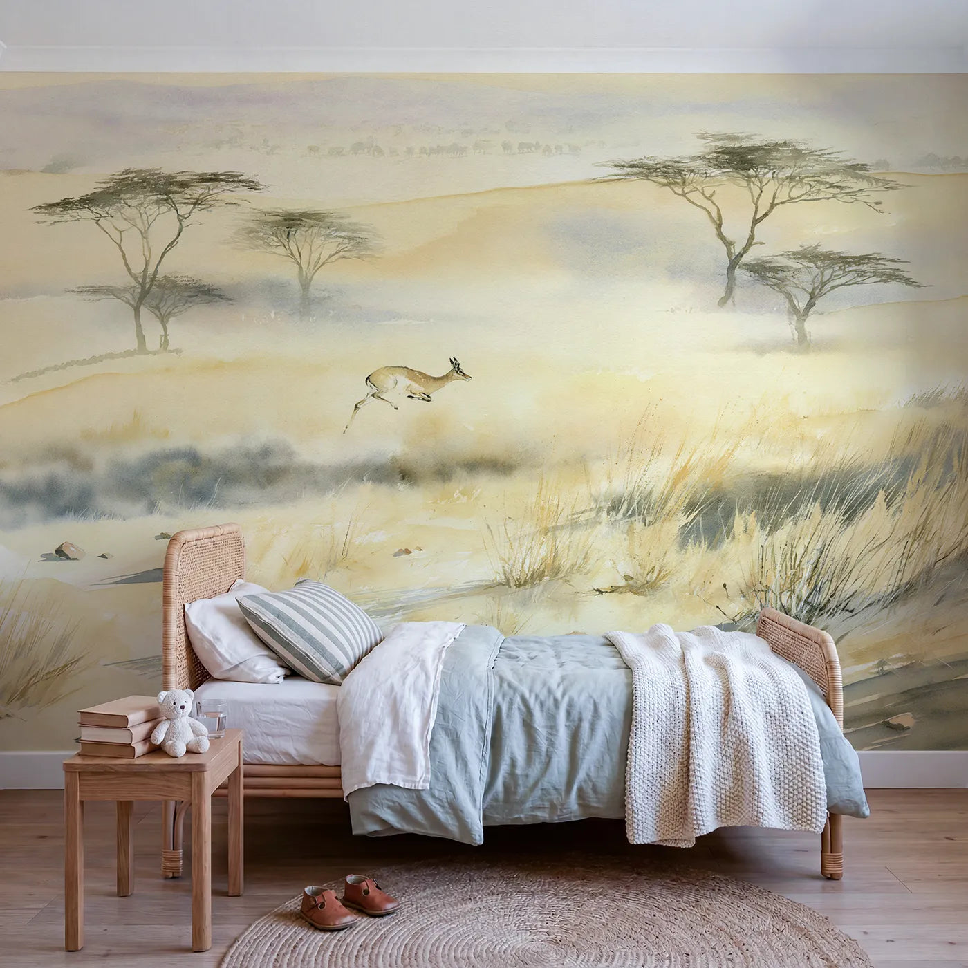 Watercolor wall mural of a gazelle leaping the plains by Whimsy Tots