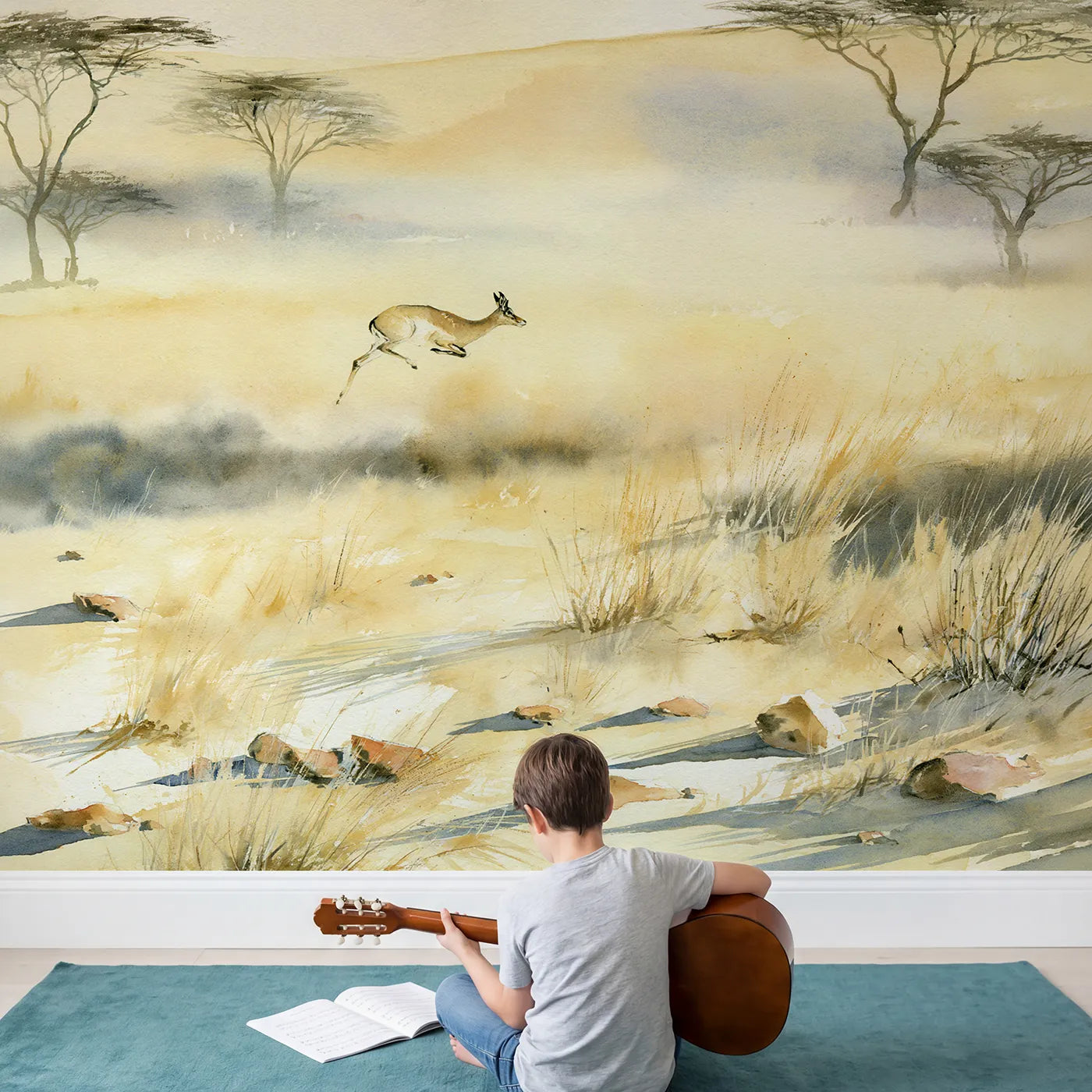 Child in nursery with Gazelle Leaping Plains Wallpaper Mural by Whimsy Tots