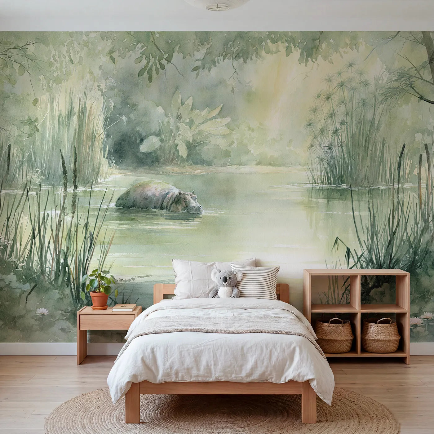 Watercolor wall mural of a hippo in a reedy pool by Whimsy Tots
