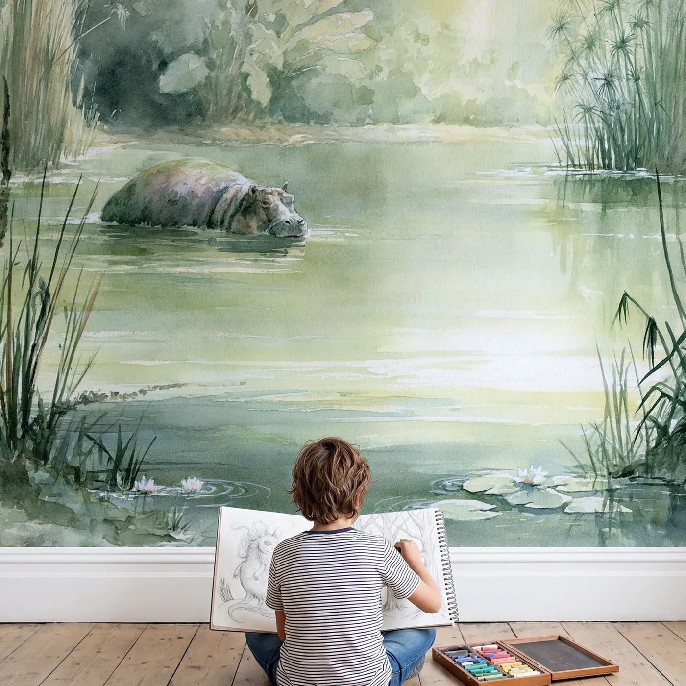 Child in nursery with Hippo Reedy Pool Wallpaper Mural by Whimsy Tots