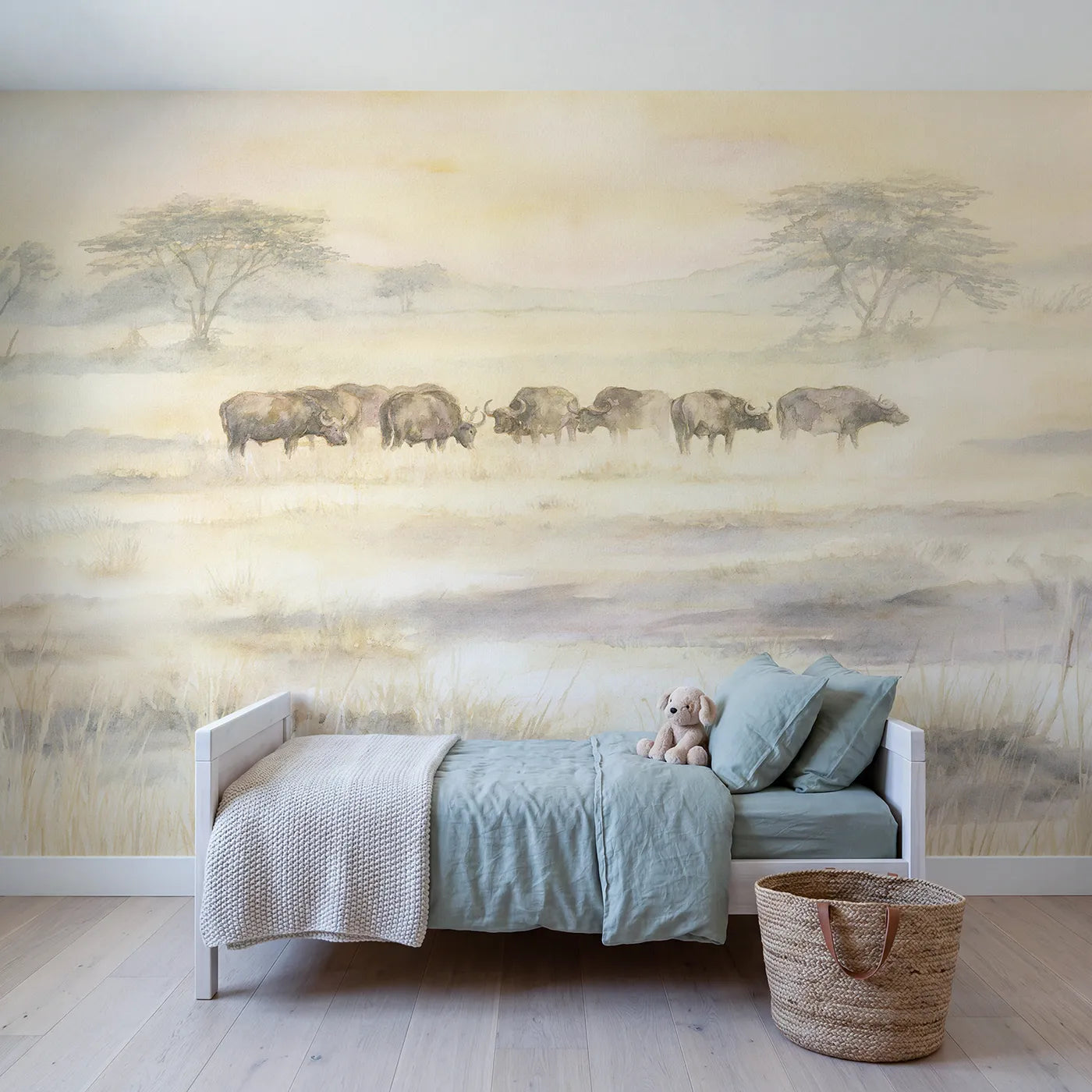 Watercolor wall mural of a buffalo herd at dusk by Whimsy Tots
