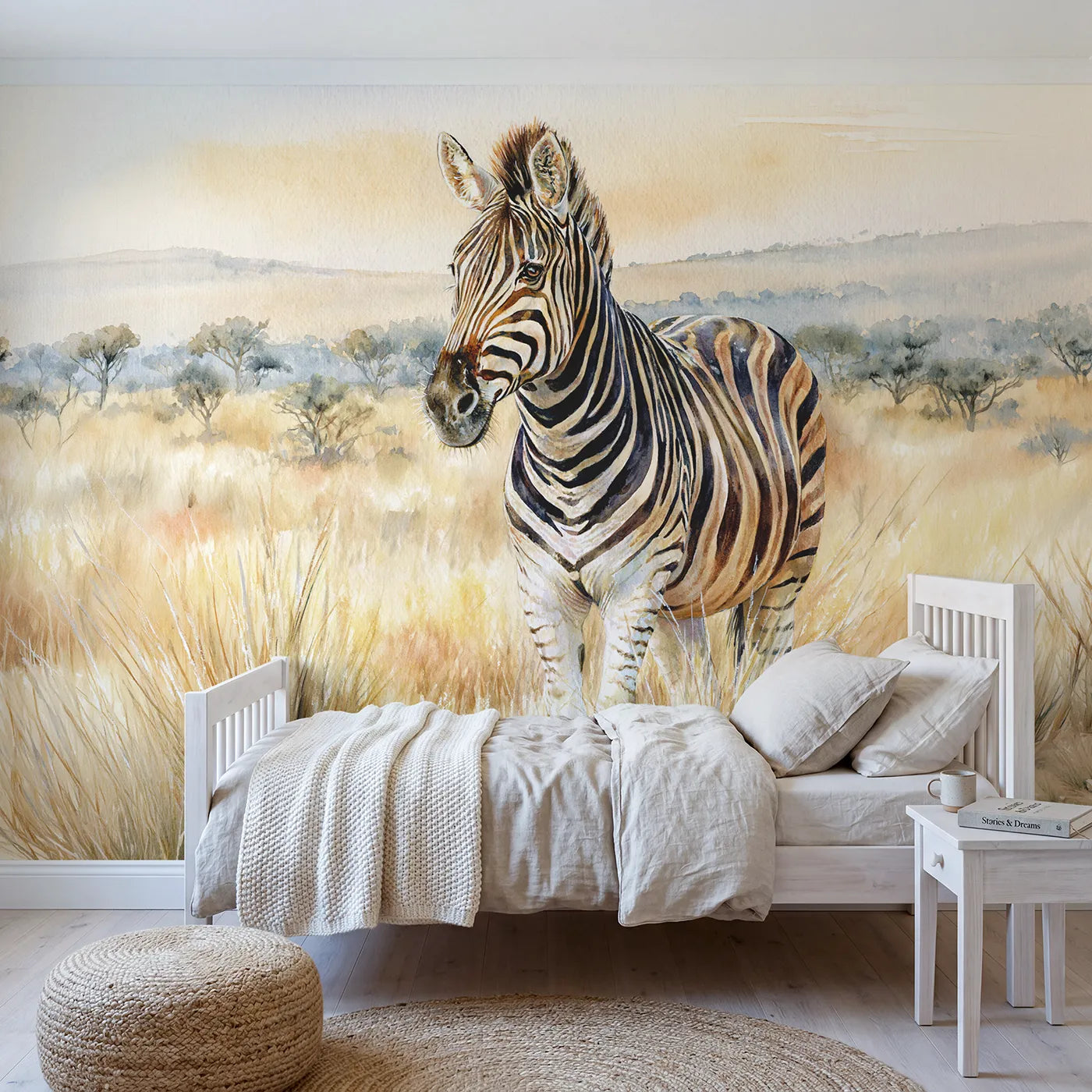 Watercolor wall mural of a detailed zebra in profile by Whimsy Tots