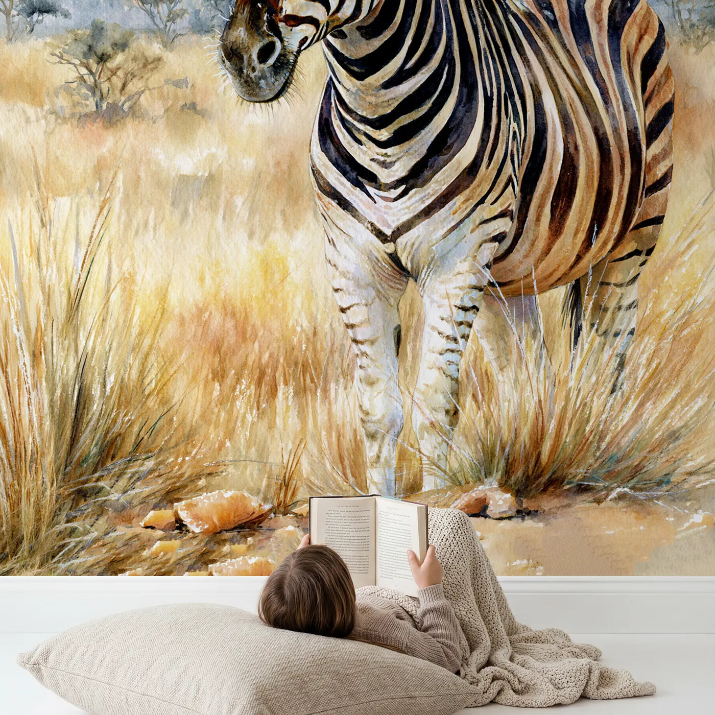 Child in nursery with Zebra Stripe Portrait Wallpaper Mural by Whimsy Tots