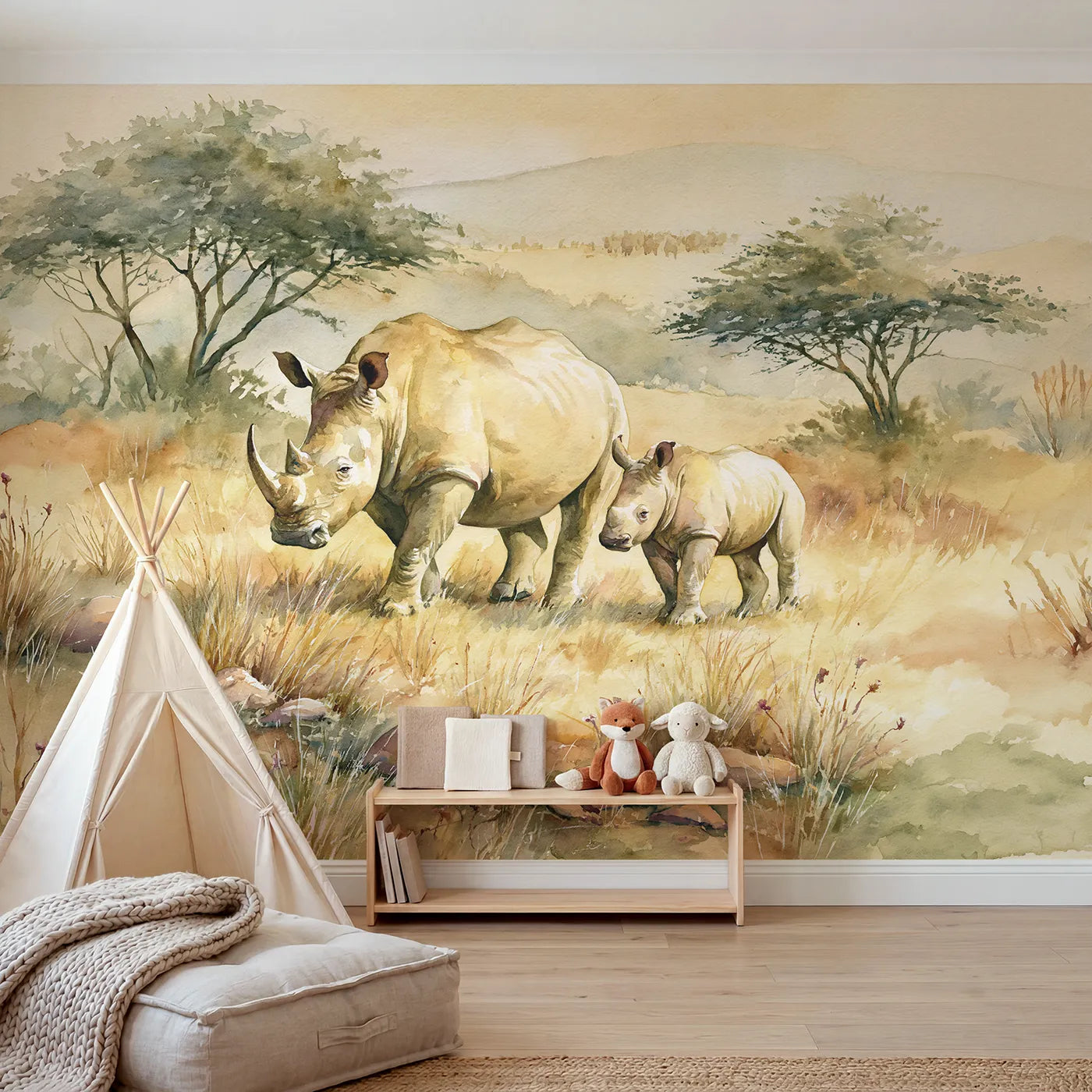Watercolor wall mural of a rhino mother and calf by Whimsy Tots
