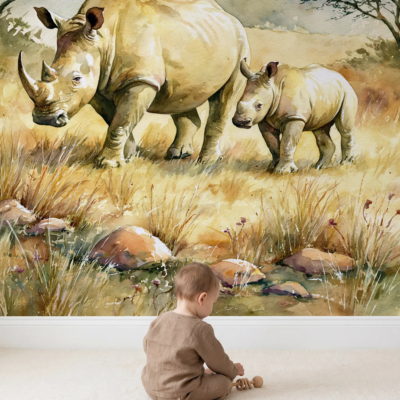 Child in nursery with Rhino Mother Calf Wallpaper Mural by Whimsy Tots