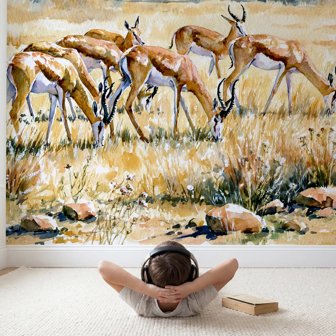 Child in nursery with Gazelle Herd Graze Wallpaper Mural by Whimsy Tots
