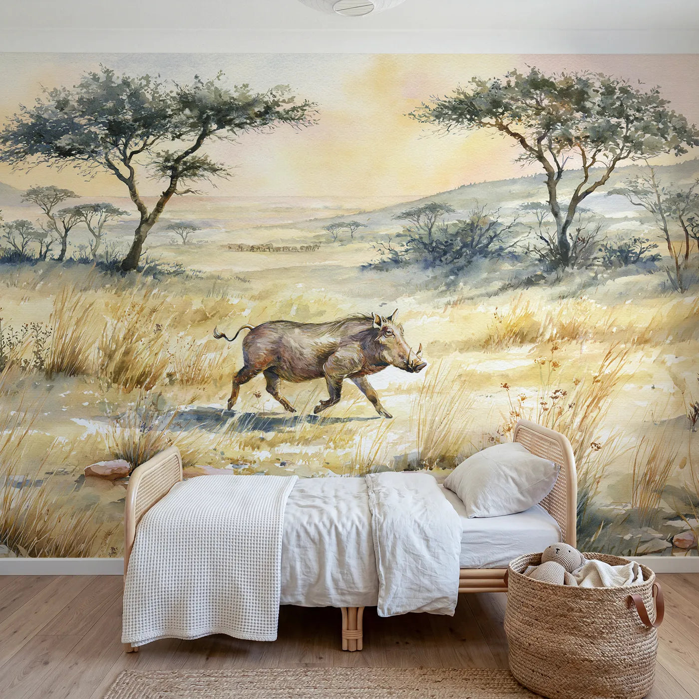 Watercolor wall mural of a cheerful trotting warthog by Whimsy Tots