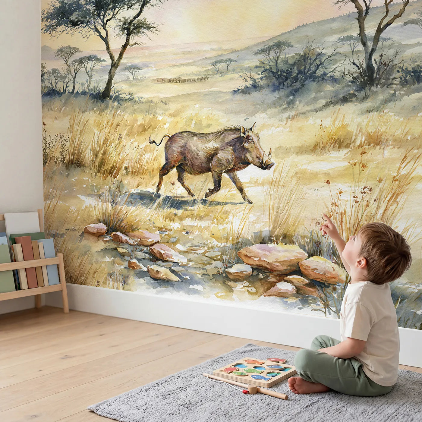 Child in nursery with Warthog Grass Trot Wallpaper Mural by Whimsy Tots