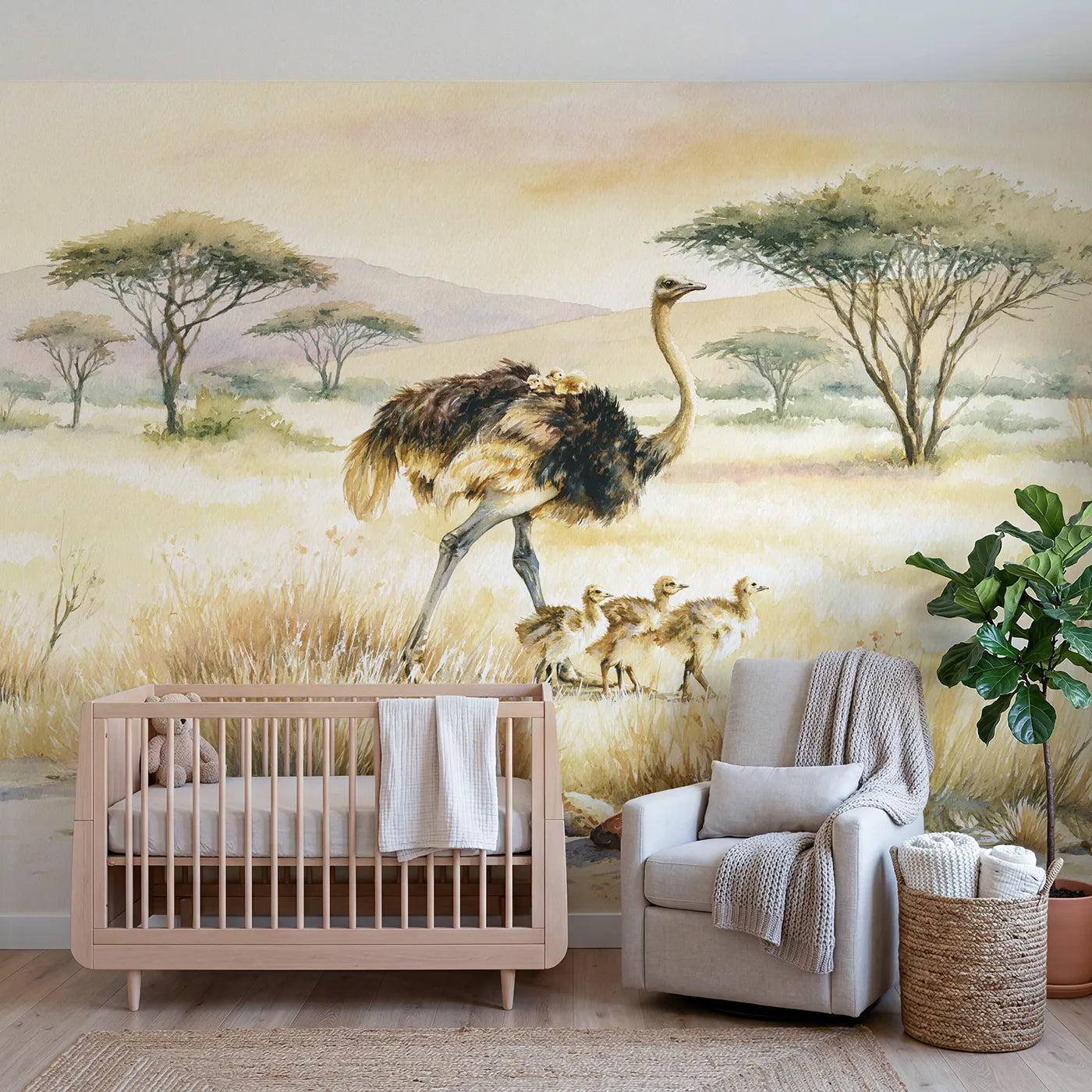Watercolor wall mural of an ostrich with fluffy chicks by Whimsy Tots