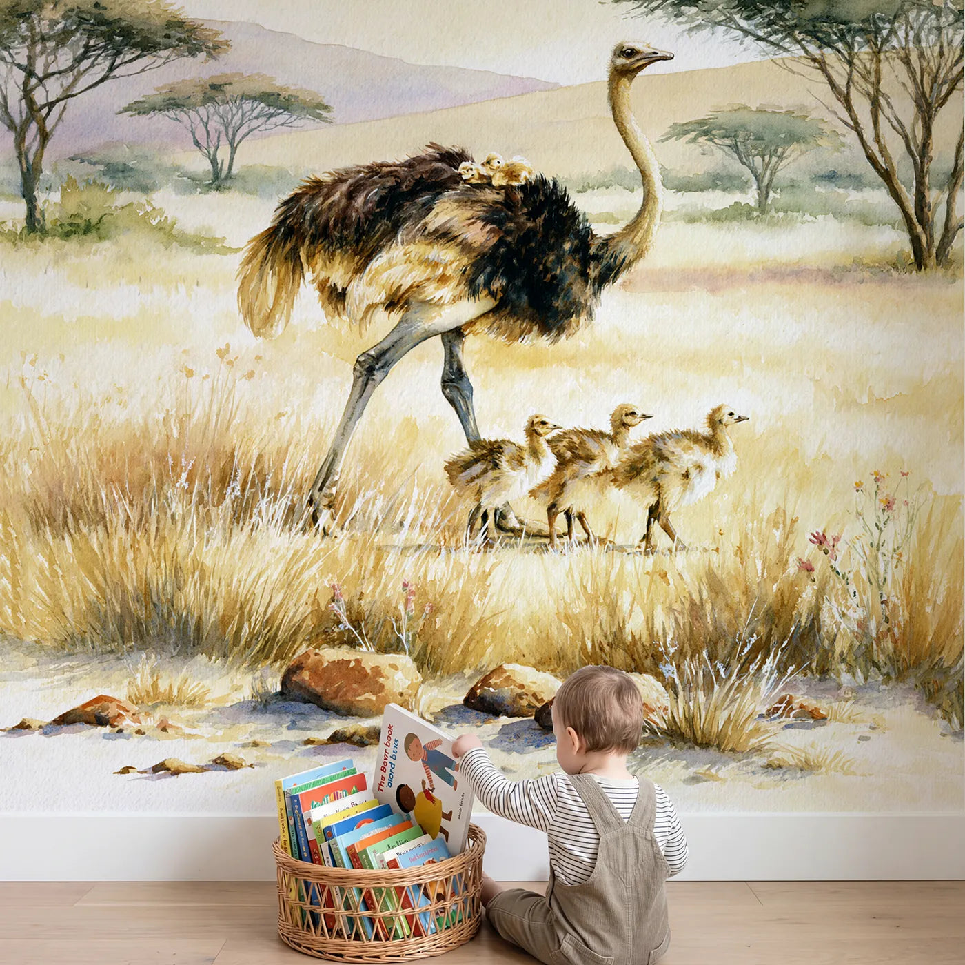 Child in nursery with Ostrich With Chicks Wallpaper Mural by Whimsy Tots