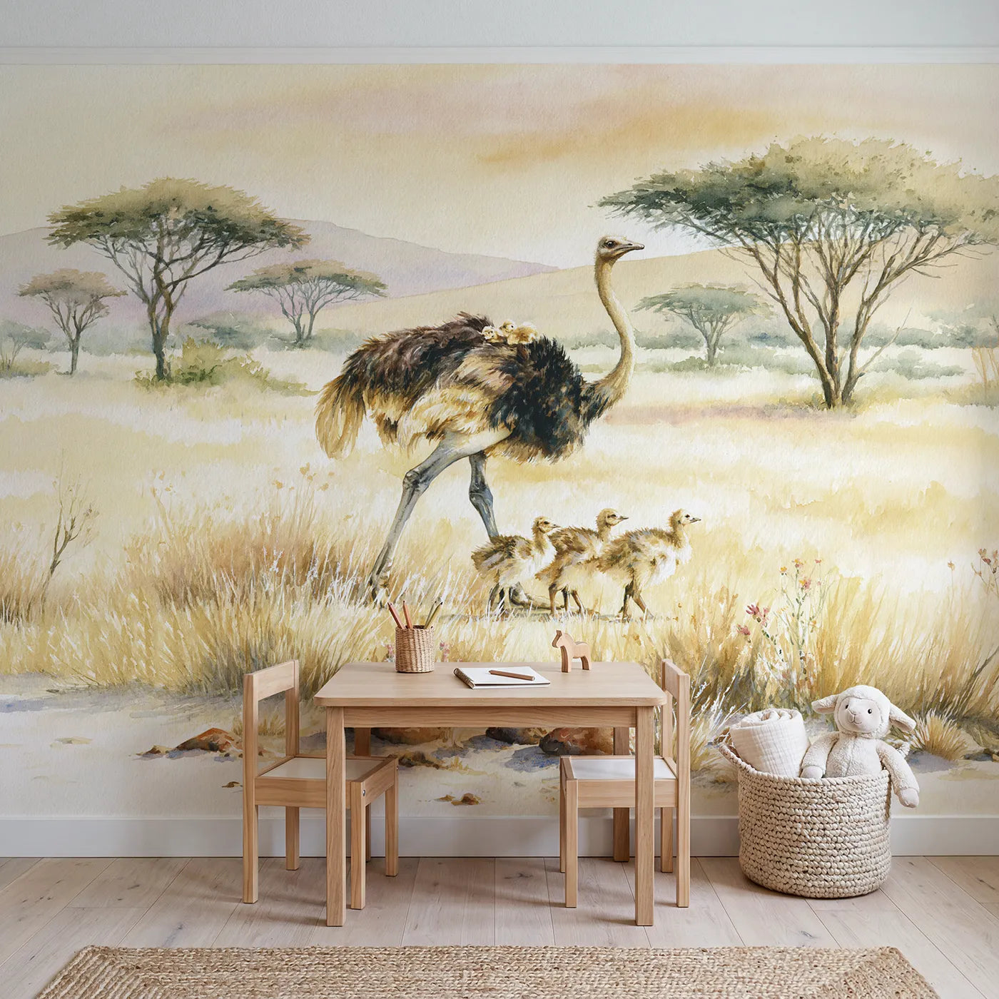 Ostrich With Chicks Wallpaper Mural in playroom setting by Whimsy Tots