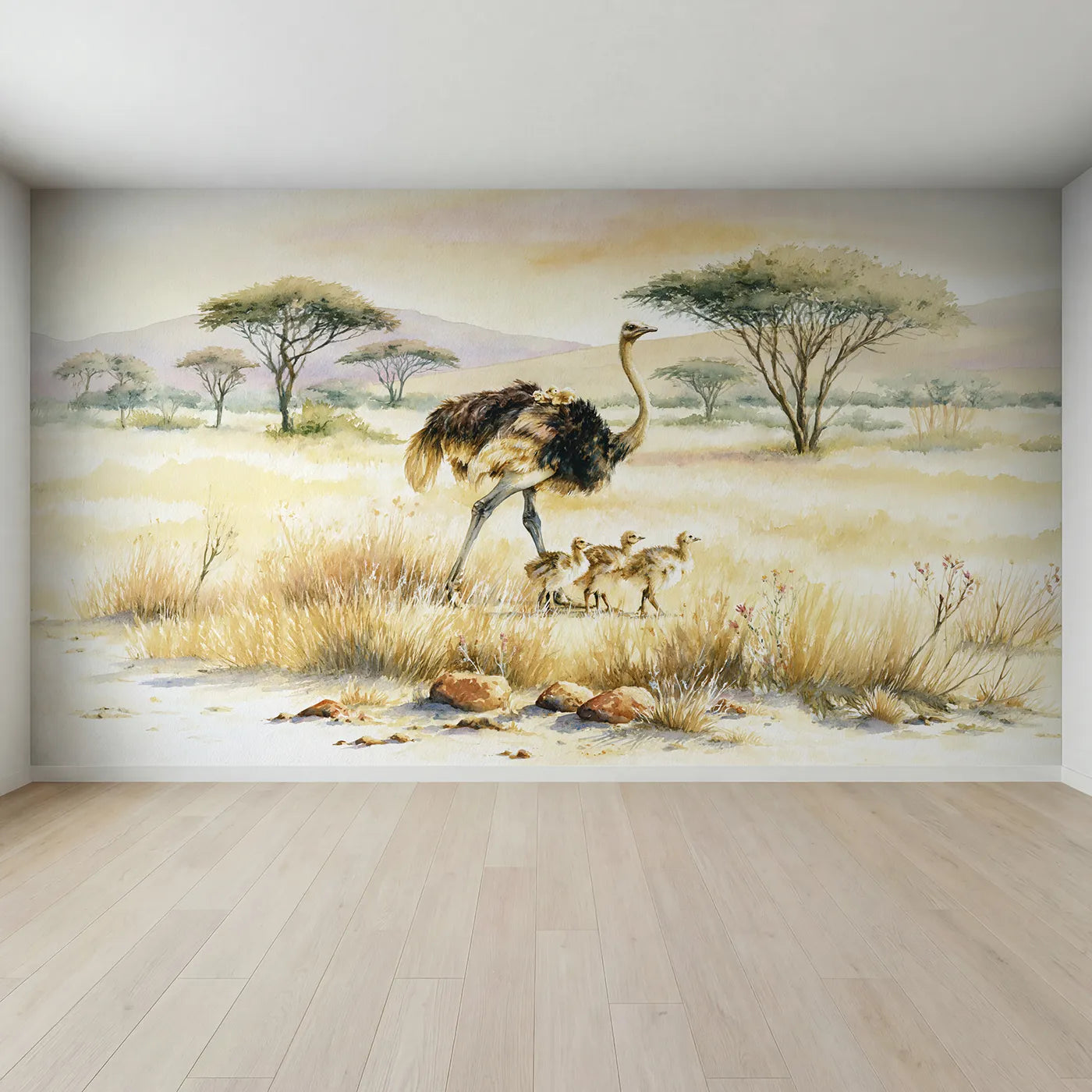 Full view of Ostrich With Chicks Wallpaper Mural by Whimsy Tots
