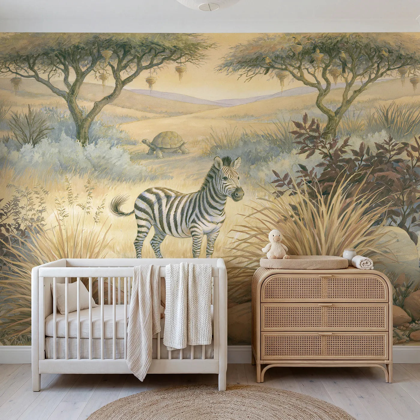 Storybook wall mural of a friendly smiling zebra by Whimsy Tots