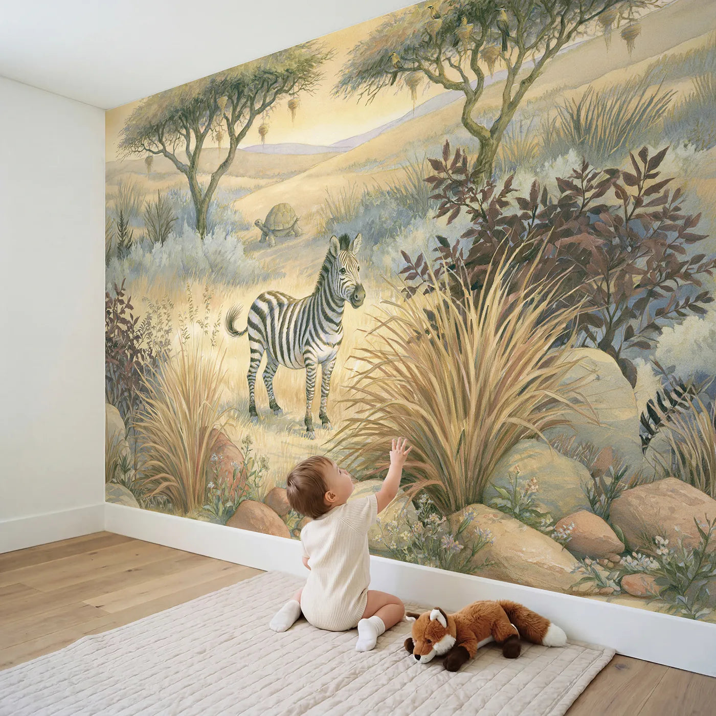 Child in nursery with Friendly Striped Zebra Wallpaper Mural by Whimsy Tots