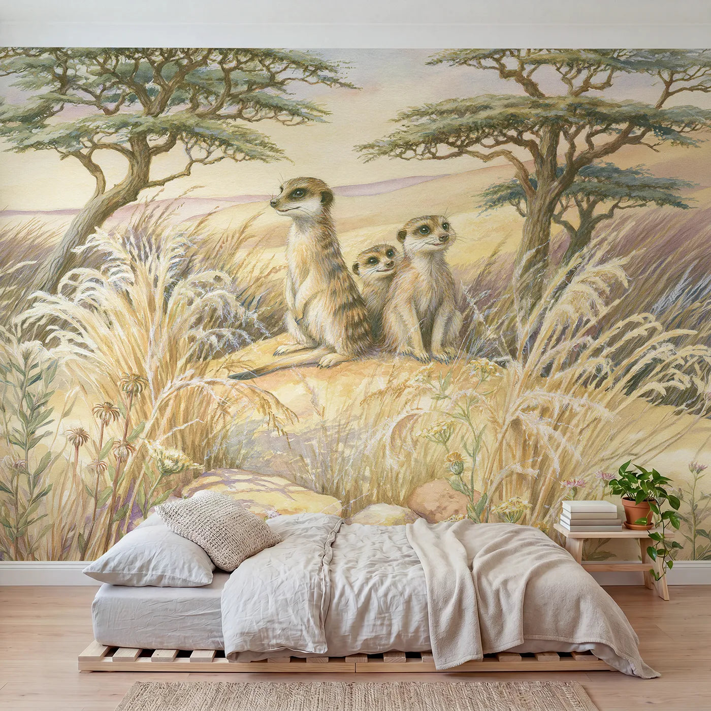 Storybook wall mural of three cheerful meerkats by Whimsy Tots
