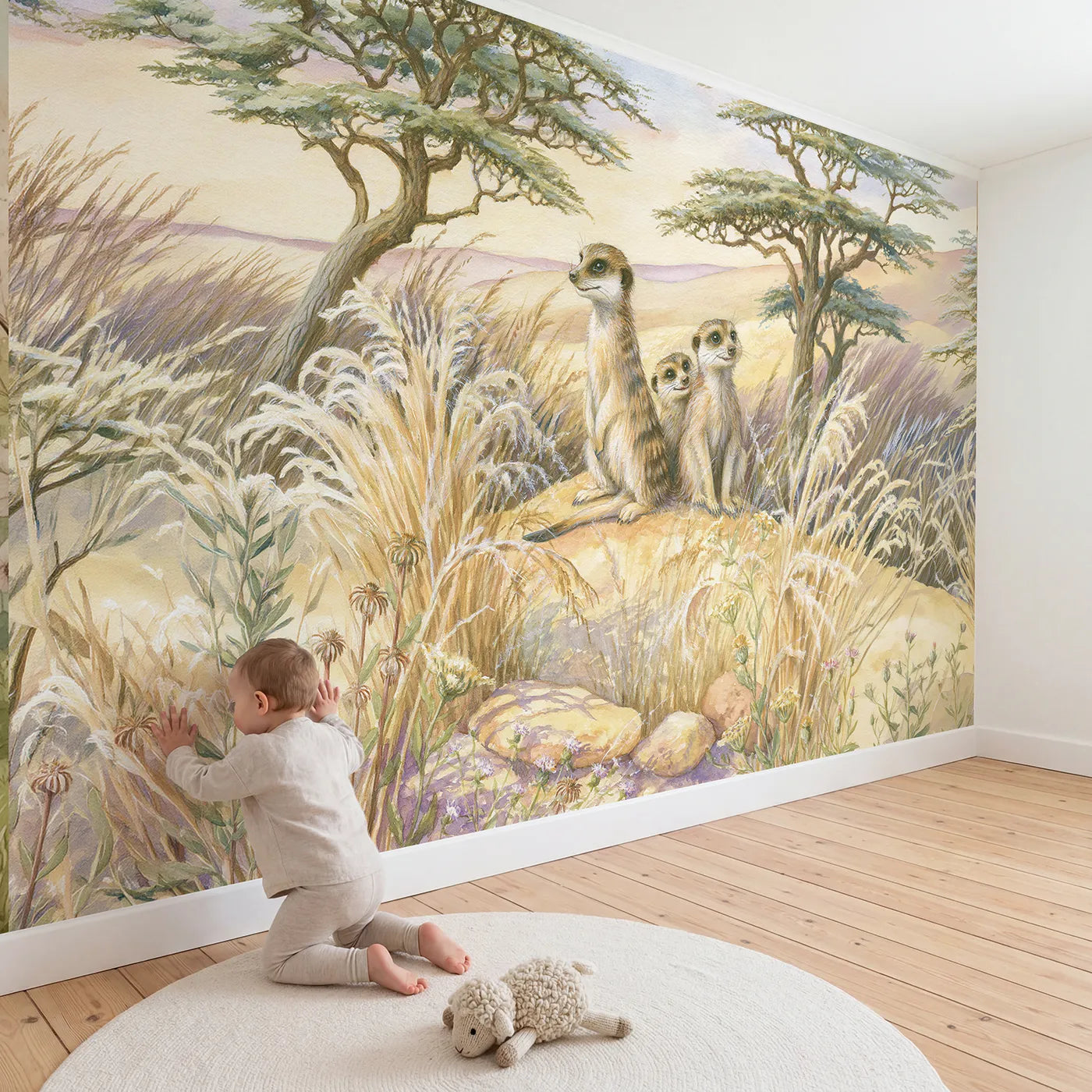 Child in nursery with Cheerful Meerkat Trio Wallpaper Mural by Whimsy Tots