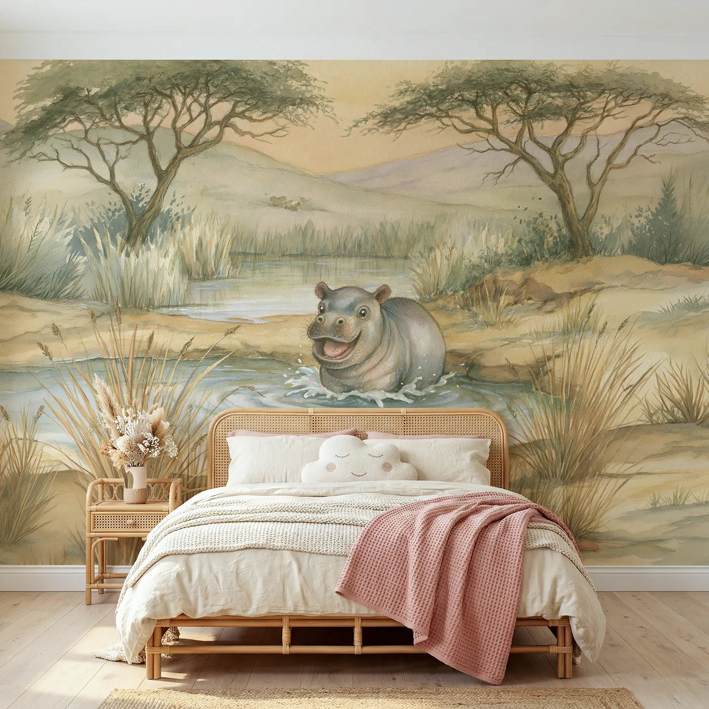 Storybook wall mural of a baby hippo splashing by Whimsy Tots